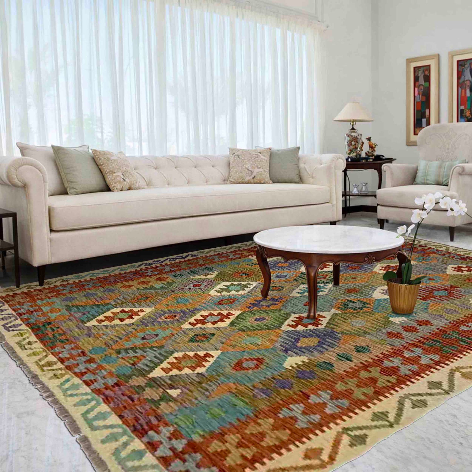 Hand Made Afghan Kilim 5' 9" x 7' 11" ft / 174 x 241 cm - No. Y39505