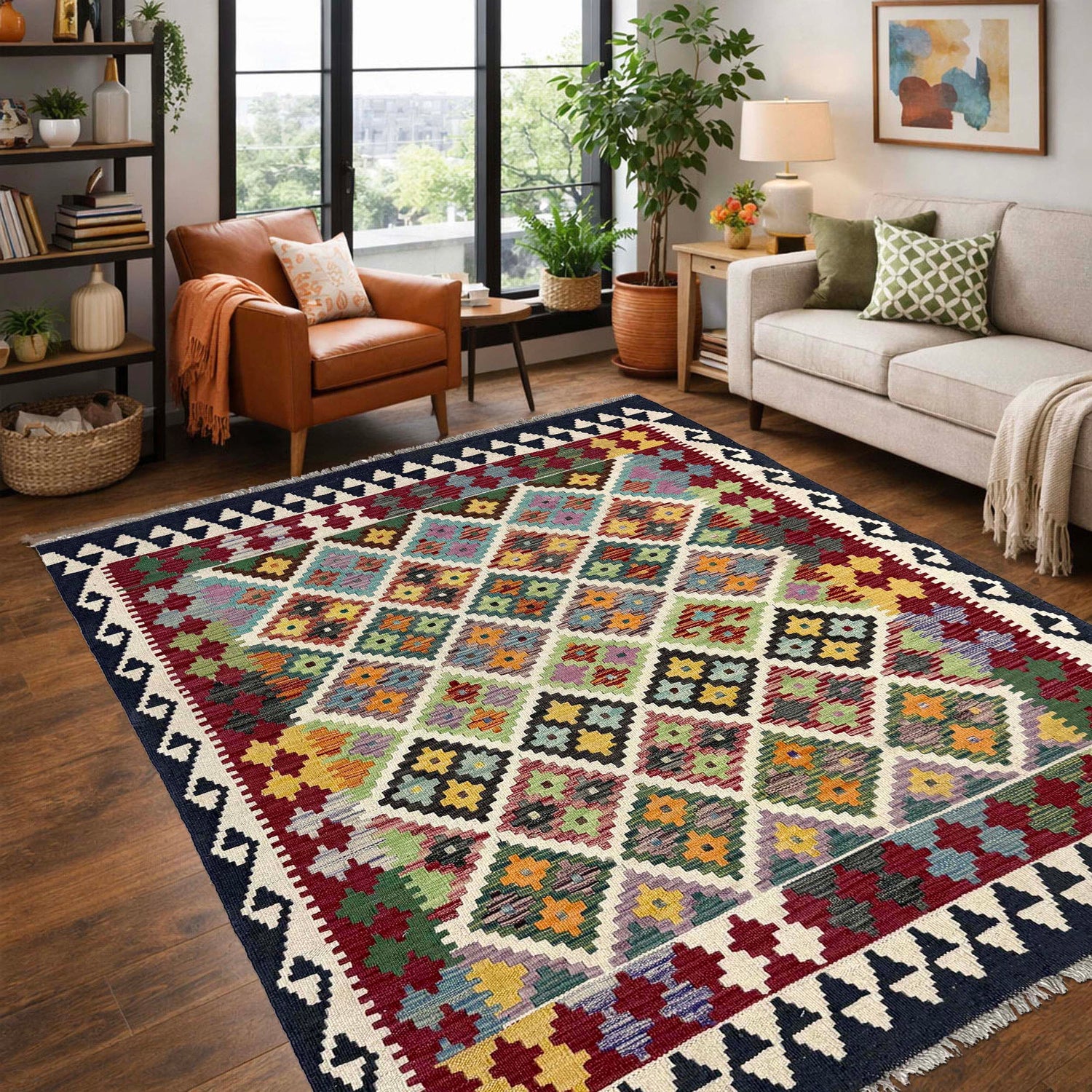 Handmade Vegetable Kelim 4' 6" x 5' 8" ft / 138 x 172 cm - No. Y39506