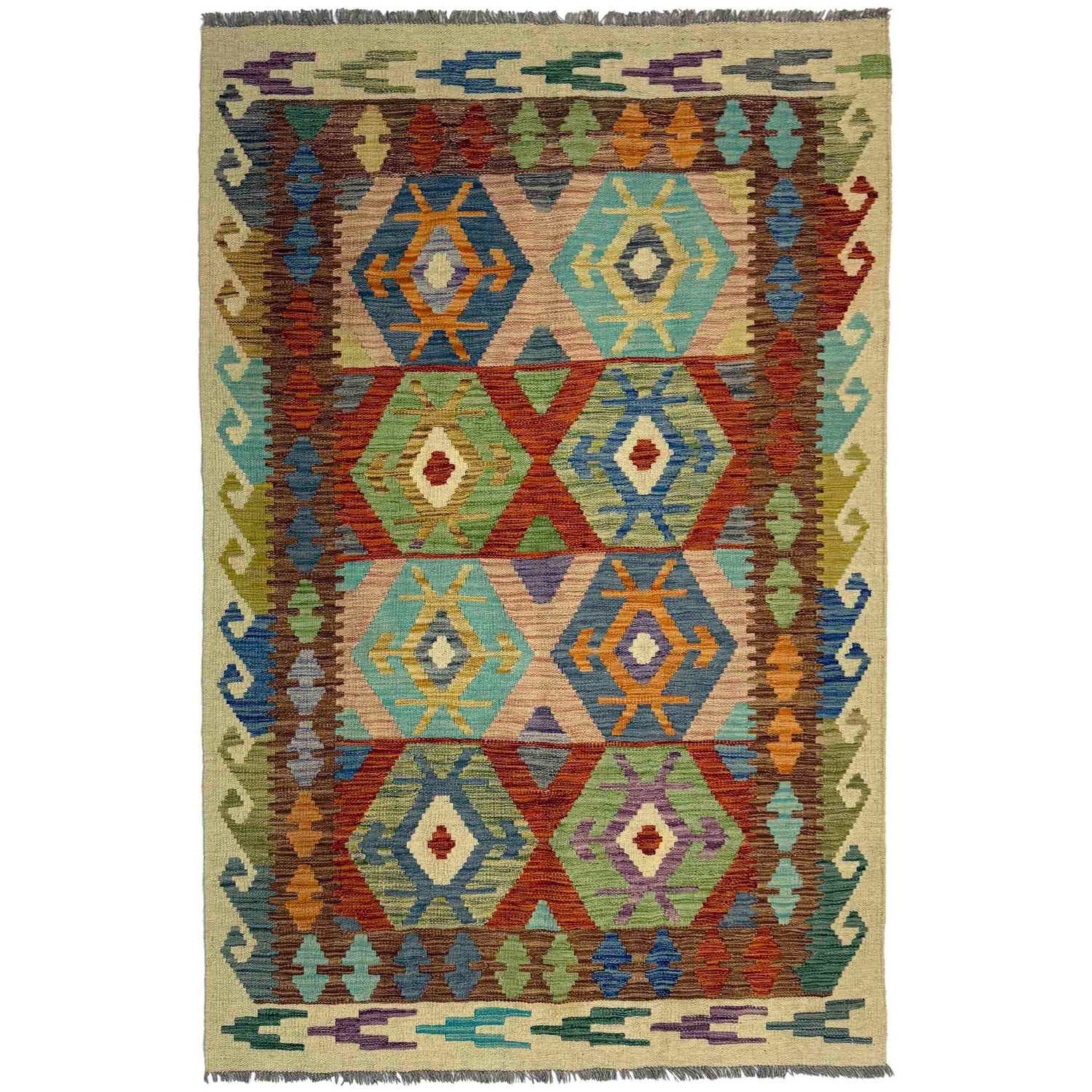 Multi Color ful Flat-Weave Wool Kilim 4' 0" x 6' 6" ft / 123 x 198 cm - No. Y39507