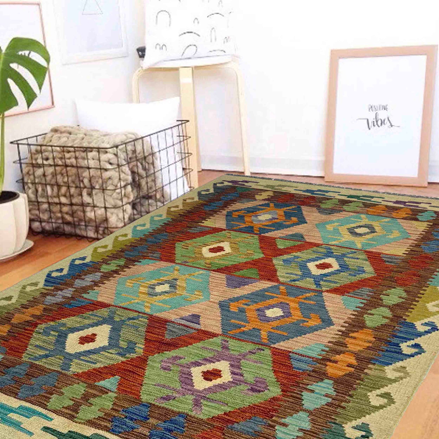 Multi Color ful Flat-Weave Wool Kilim 4' 0" x 6' 6" ft / 123 x 198 cm - No. Y39507