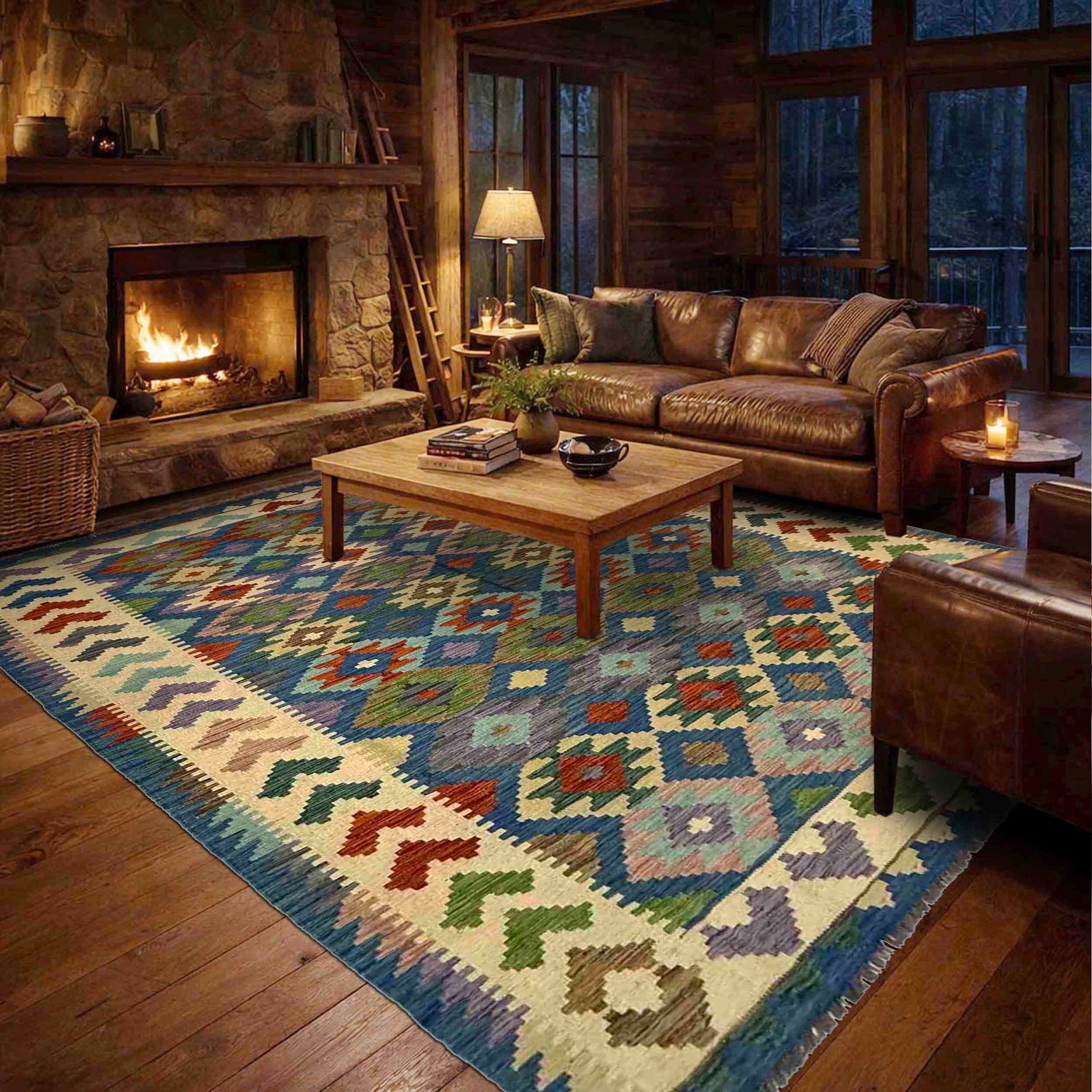 Multi Color ful Flat-Weave Wool Kilim 5' 7" x 8' 1" ft / 170 x 246 cm - No. Y39509