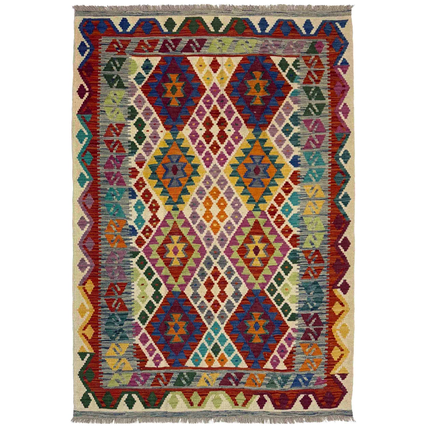 Hand Knotted Afghan Style Kilim 4' 2" x 6' 0" ft / 127 x 183 cm - No. Y39512