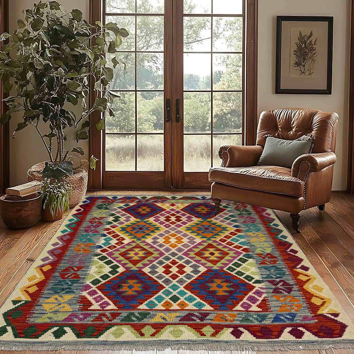 Hand Knotted Afghan Style Kilim 4' 2" x 6' 0" ft / 127 x 183 cm - No. Y39512