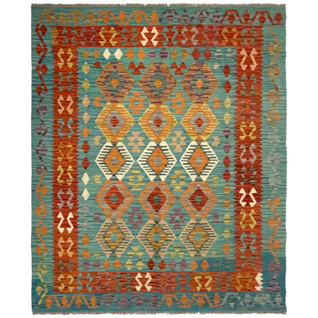 Multi Color ful Flat-Weave Wool Kilim 5' 7" x 7' 11" ft / 171 x 241 cm - No. Y39524