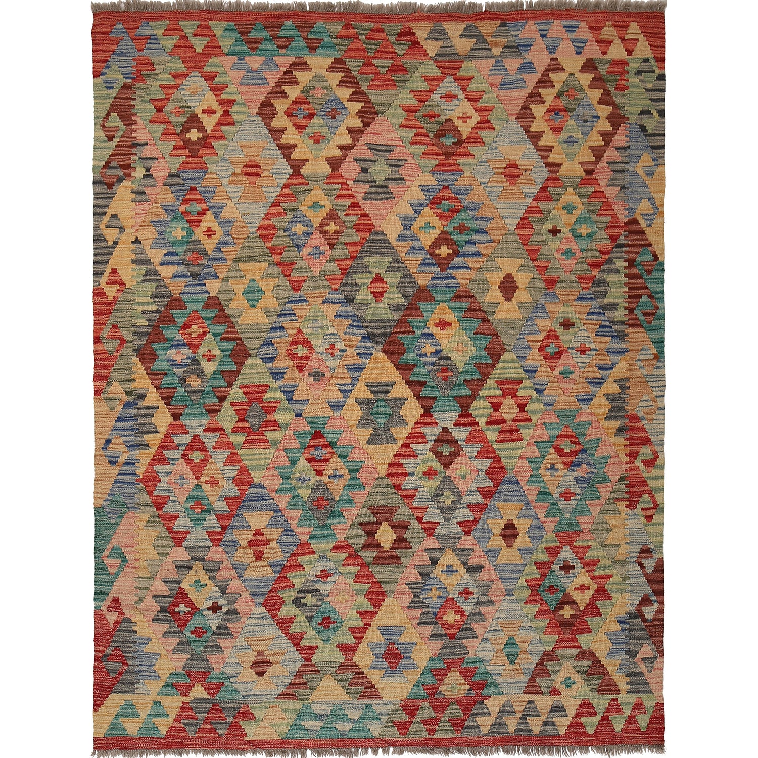 Colorful Flat-Weave Wool Kilim 5' 0" x 6' 7" ft / 153 x 201 cm - No. B21596