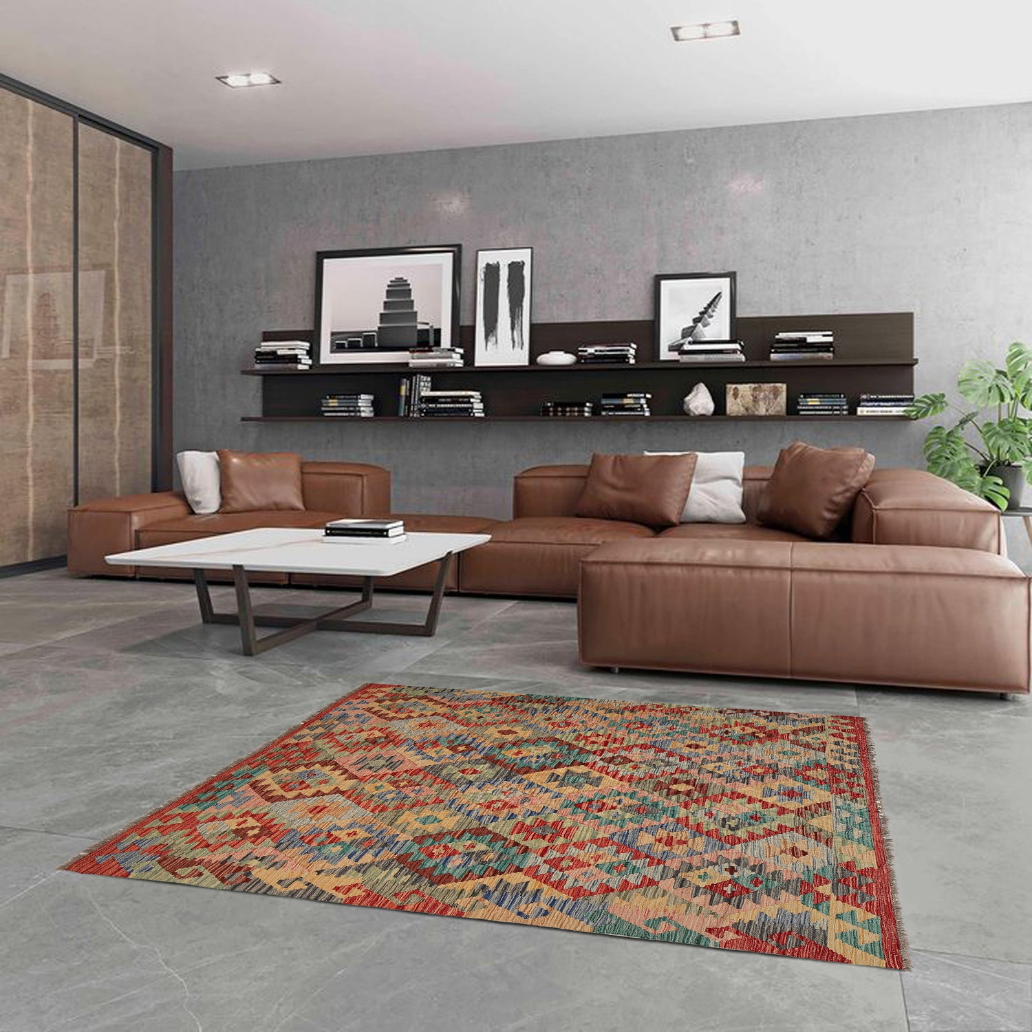 Colorful Flat-Weave Wool Kilim 5' 0" x 6' 7" ft / 153 x 201 cm - No. B21596