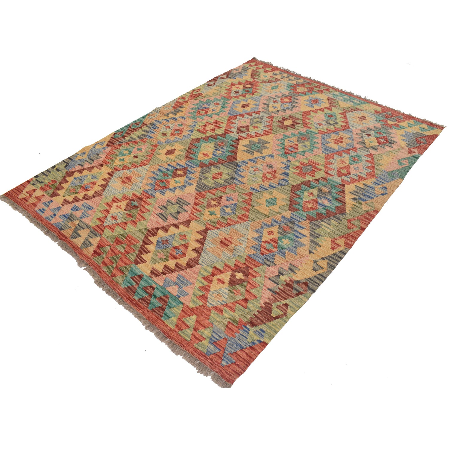 Colorful Flat-Weave Wool Kilim 5' 0" x 6' 7" ft / 153 x 201 cm - No. B21596