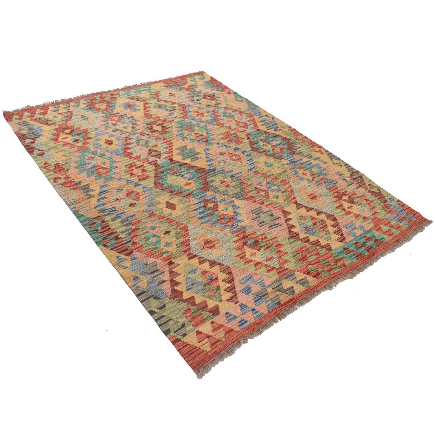 Colorful Flat-Weave Wool Kilim 5' 0" x 6' 7" ft / 153 x 201 cm - No. B21596