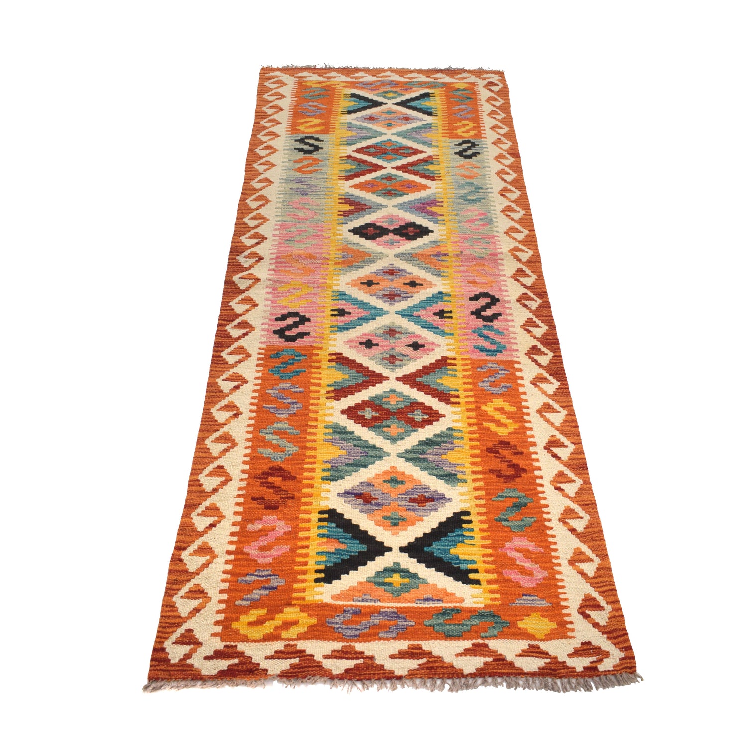 Colorful Flat-Weave Wool Kilim Runner 2' 5" x 6' 5" ft / 74 x195 cm - No. B26671