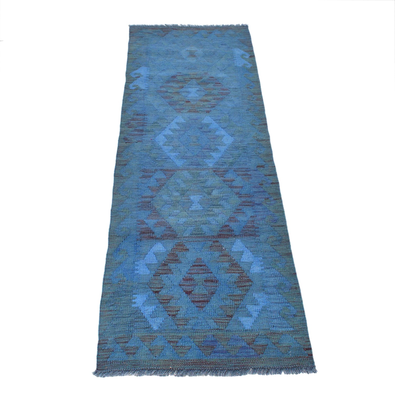 Blue Color Overdyed Kelim 2' 1" x 6' 2" ft / 63 x 189 cm - No. B29186