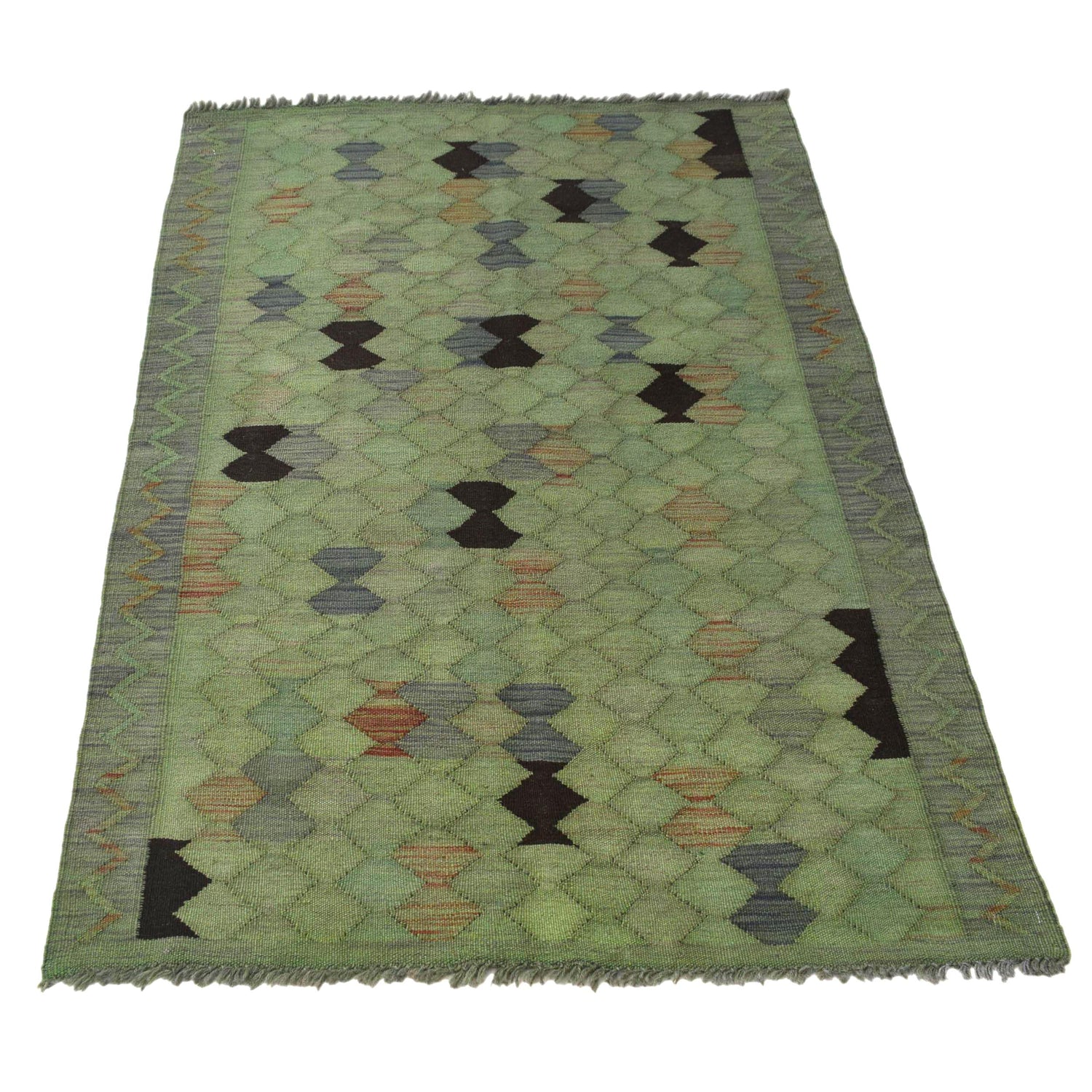 Green Color Overdyed Kelim 3' 4" x 4' 9" ft / 101 x 146 cm - No. B29195
