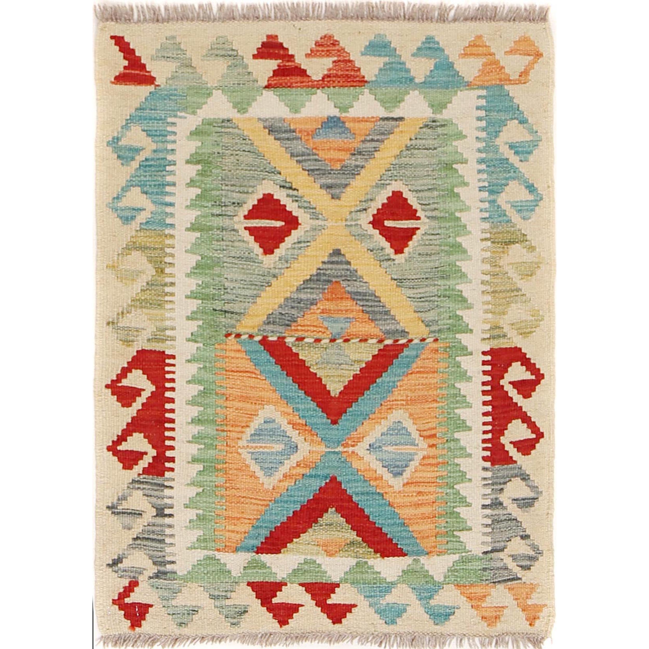 Colorful Flat-Weave Wool Kilim 2' 0" x 2' 9" ft / 62 x 85 cm - No. B29939