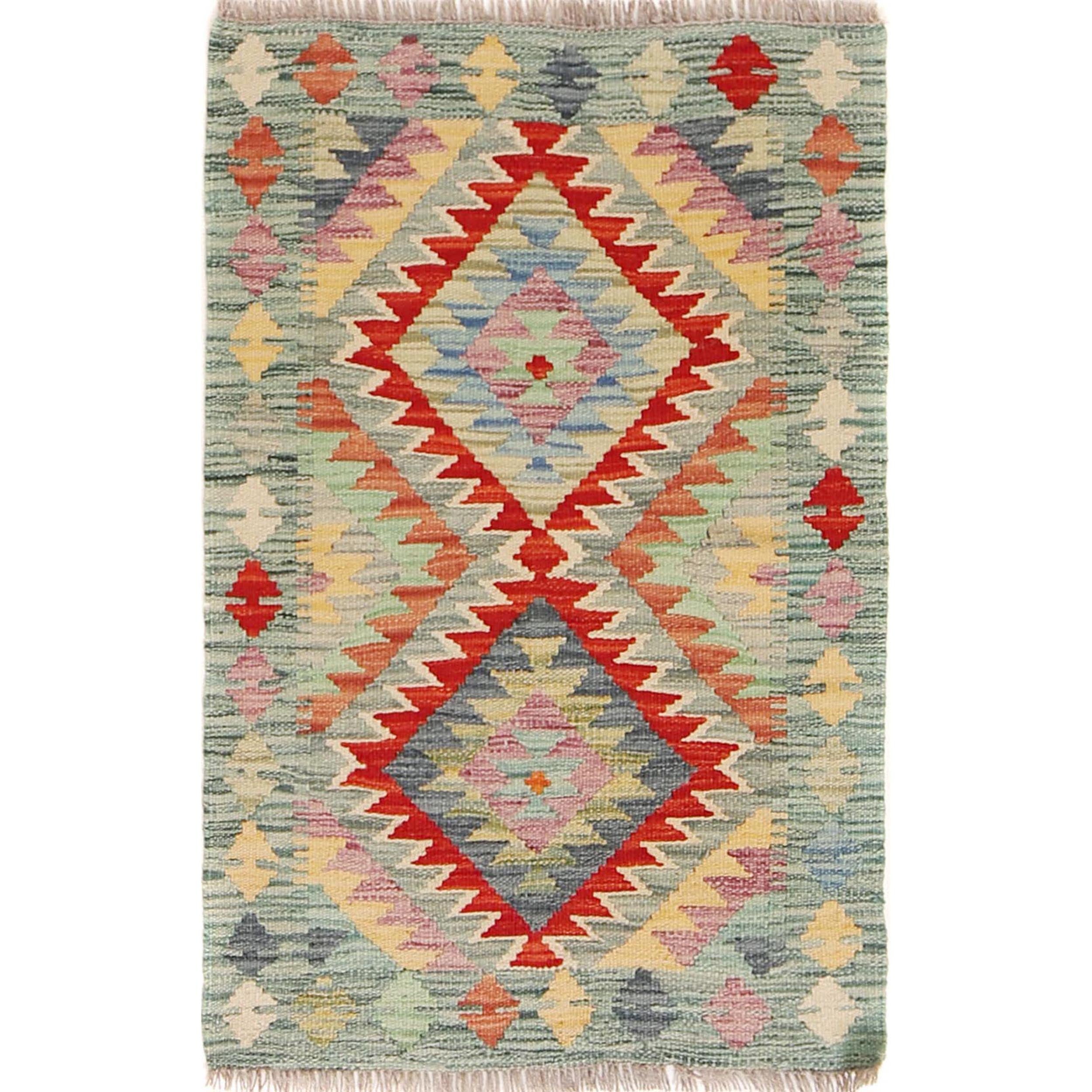 Colorful Flat-Weave Wool Kilim 2' 0" x 2' 10" ft / 60 x 87 cm - No. B29940