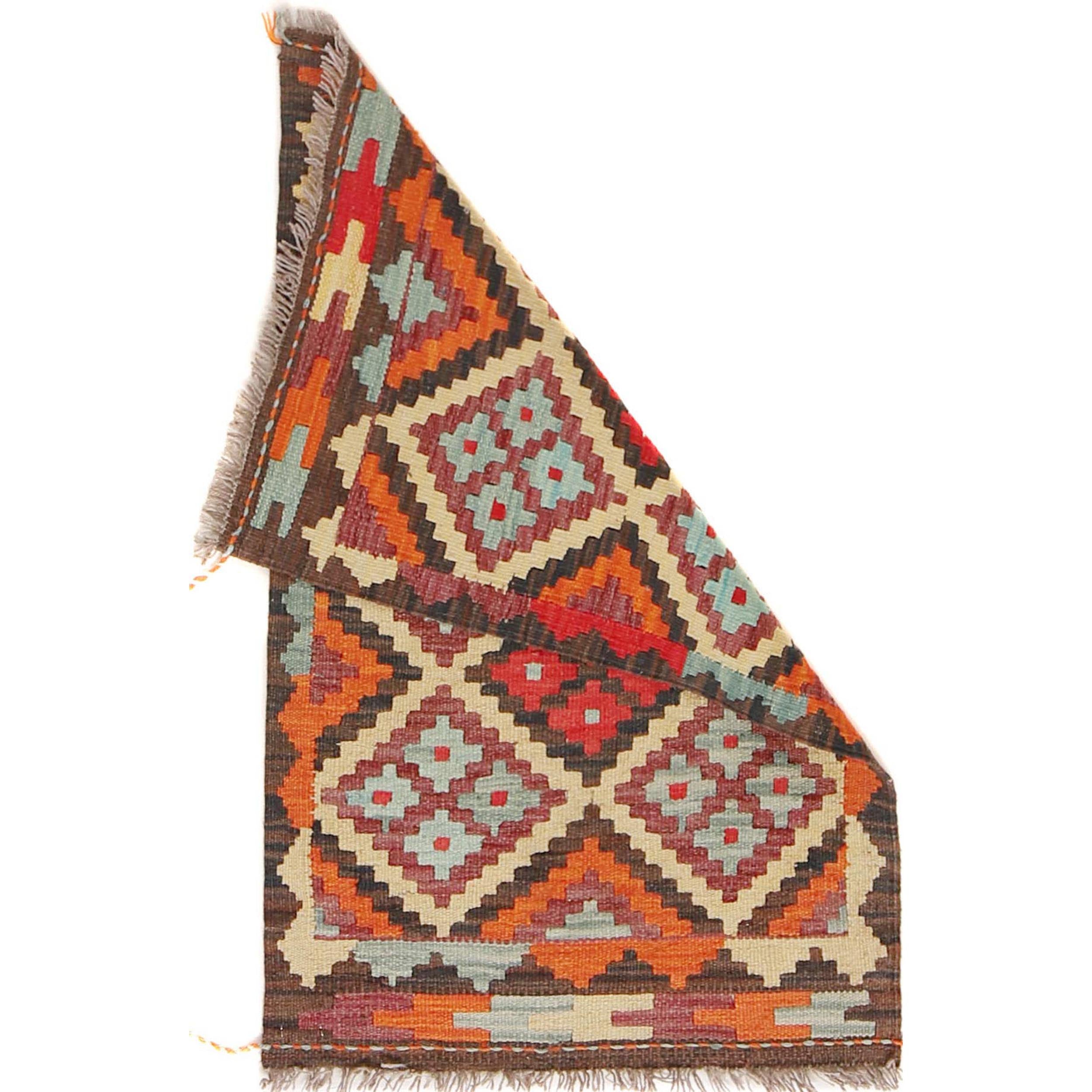 Colorful Flat-Weave Wool Kilim 2' 0" x 3' 2" ft / 60 x 96 cm - No. B30001