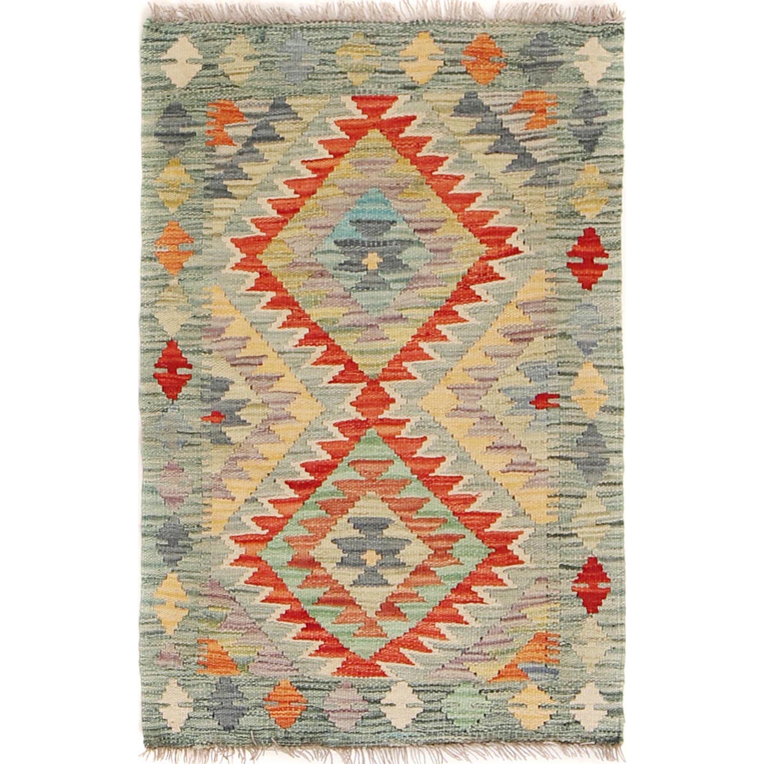 Colorful Flat-Weave Wool Kilim 2' 0" x 2' 9" ft / 60 x 85 cm - No. B30002