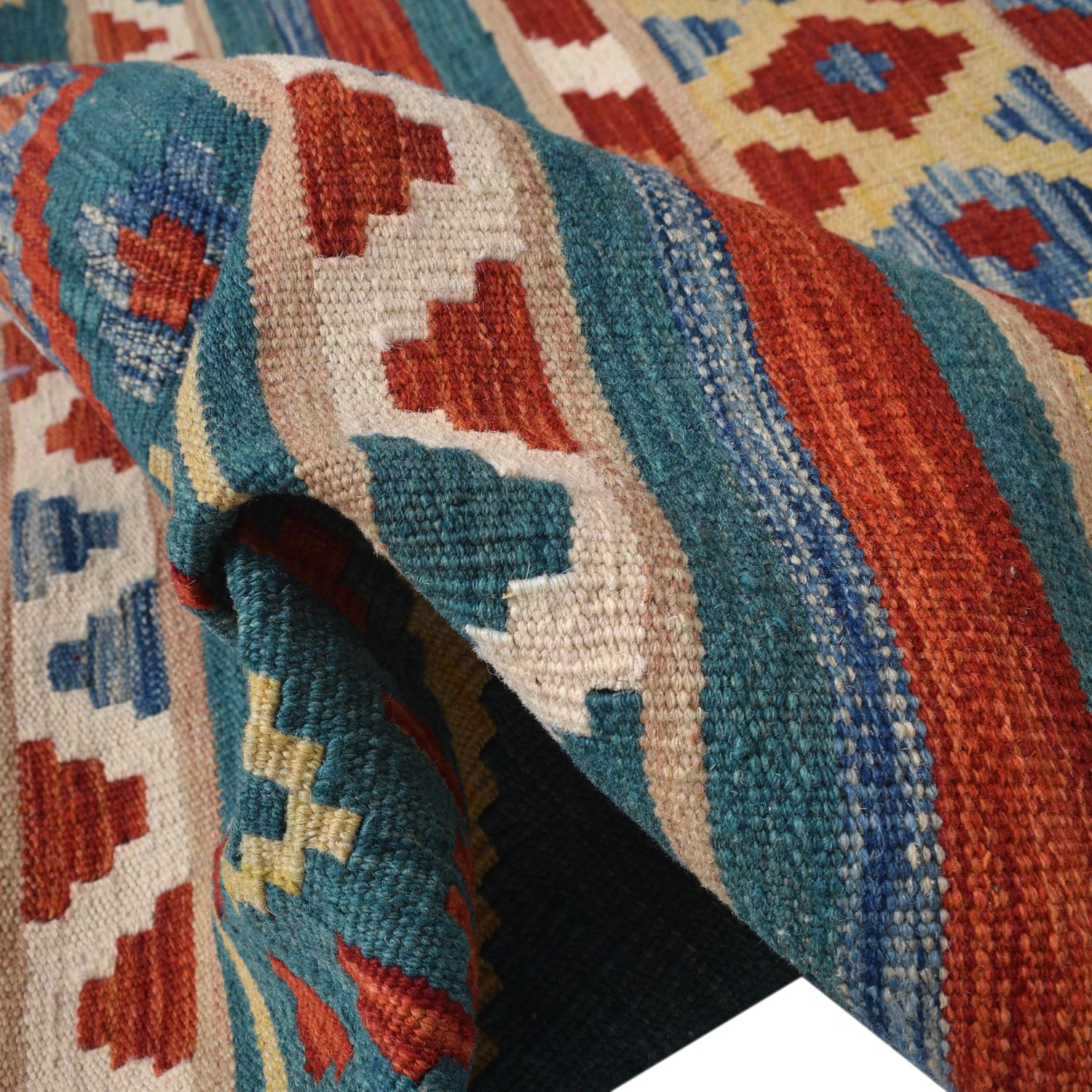 Colorful Flat-Weave Wool Kilim Runner 3' 9" x 12' 8" ft / 115 x 385 cm - No. B30040