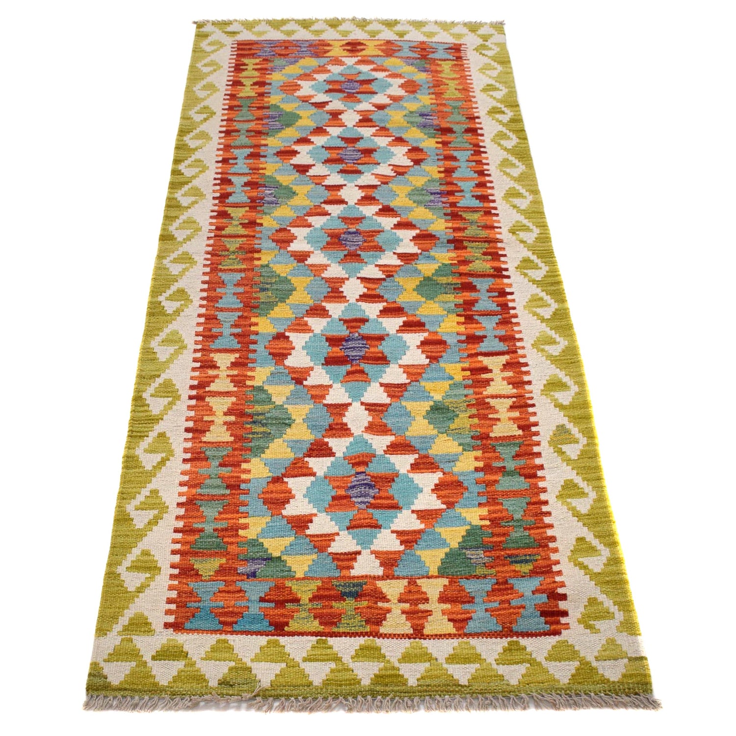 Colorful Flat-Weave Wool Kilim Runner 2' 3" x 6' 6" ft / 68 x 198 cm - No. B30470
