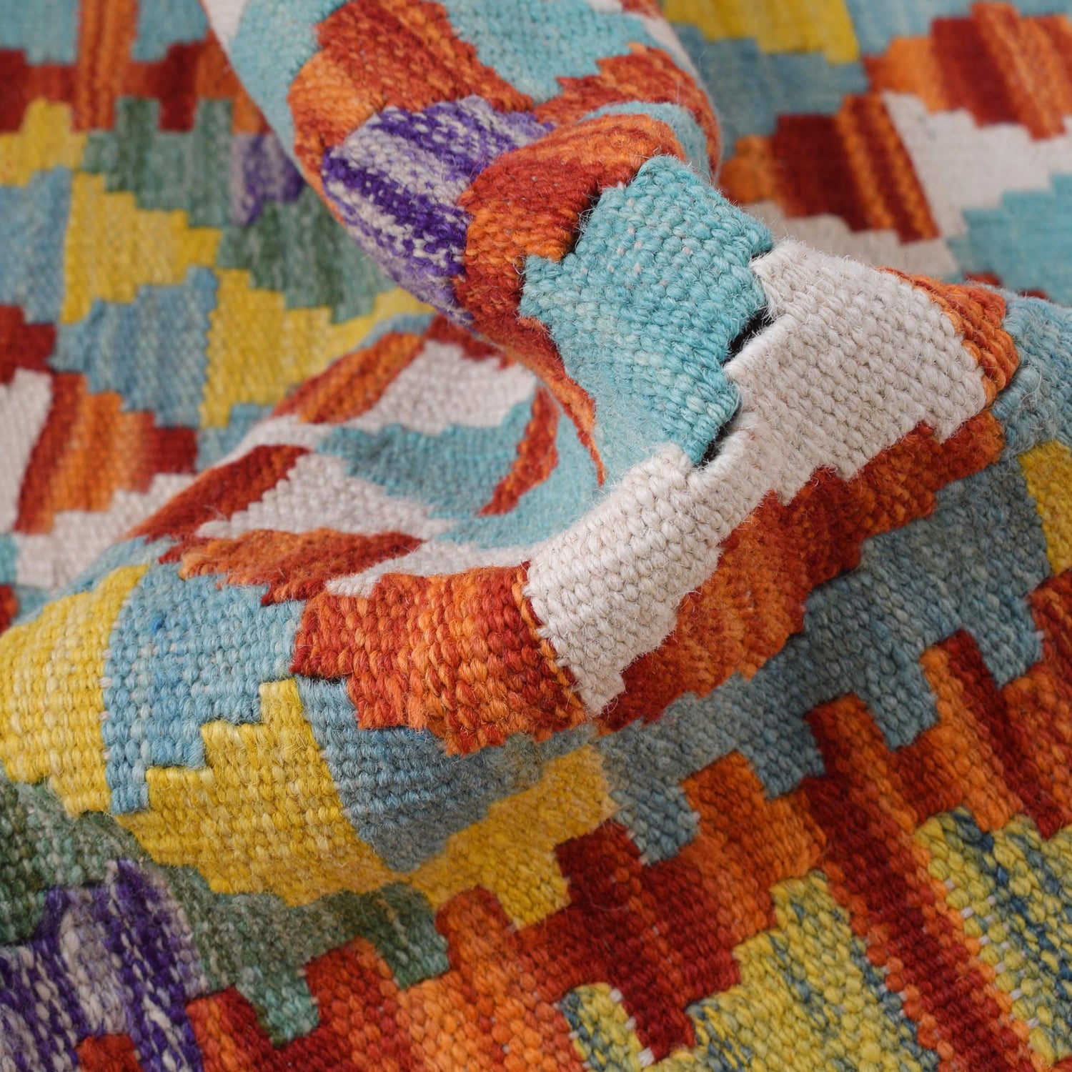 Colorful Flat-Weave Wool Kilim Runner 2' 3" x 6' 6" ft / 68 x 198 cm - No. B30470