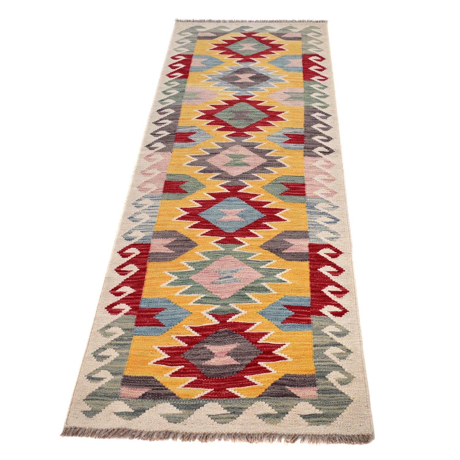 Colorful Flat-Weave Wool Kilim Runner 2' 2" x 6' 7" ft / 66 x 201 cm - No. B30493
