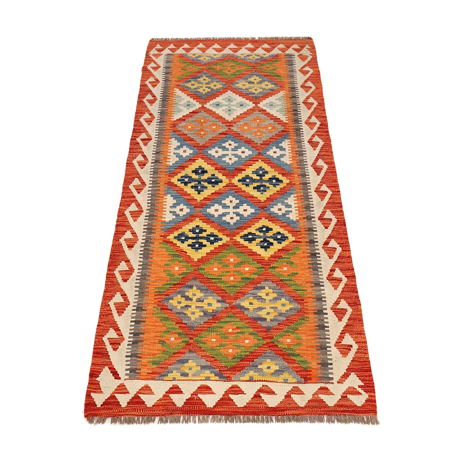 Colorful Flat-Weave Wool Kilim Runner 2' 8" x 6' 6" ft / 82 x 197 cm - No. B30539