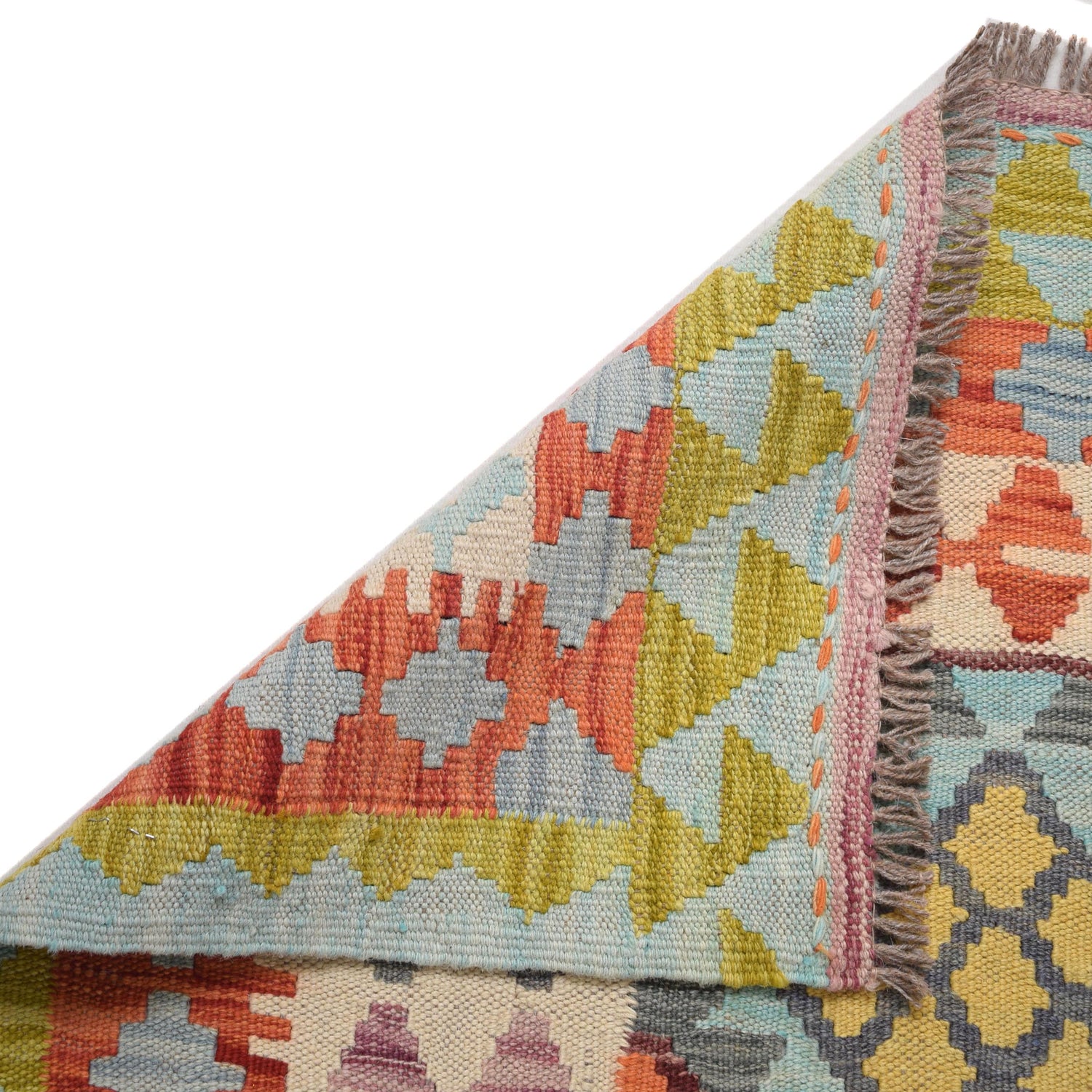 Colorful Flat-Weave Wool Kilim Runner 2' 8" x 6' 10" ft / 82 x 209 cm - No. B30541