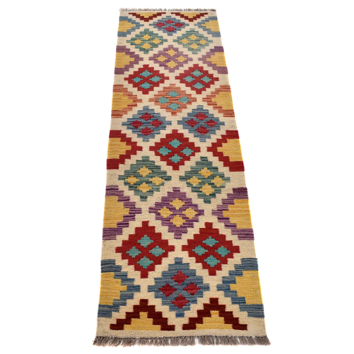 Colorful Flat-Weave Wool Kilim Runner 1' 9" x 5' 7" ft / 53 x 170 cm - No. B30610