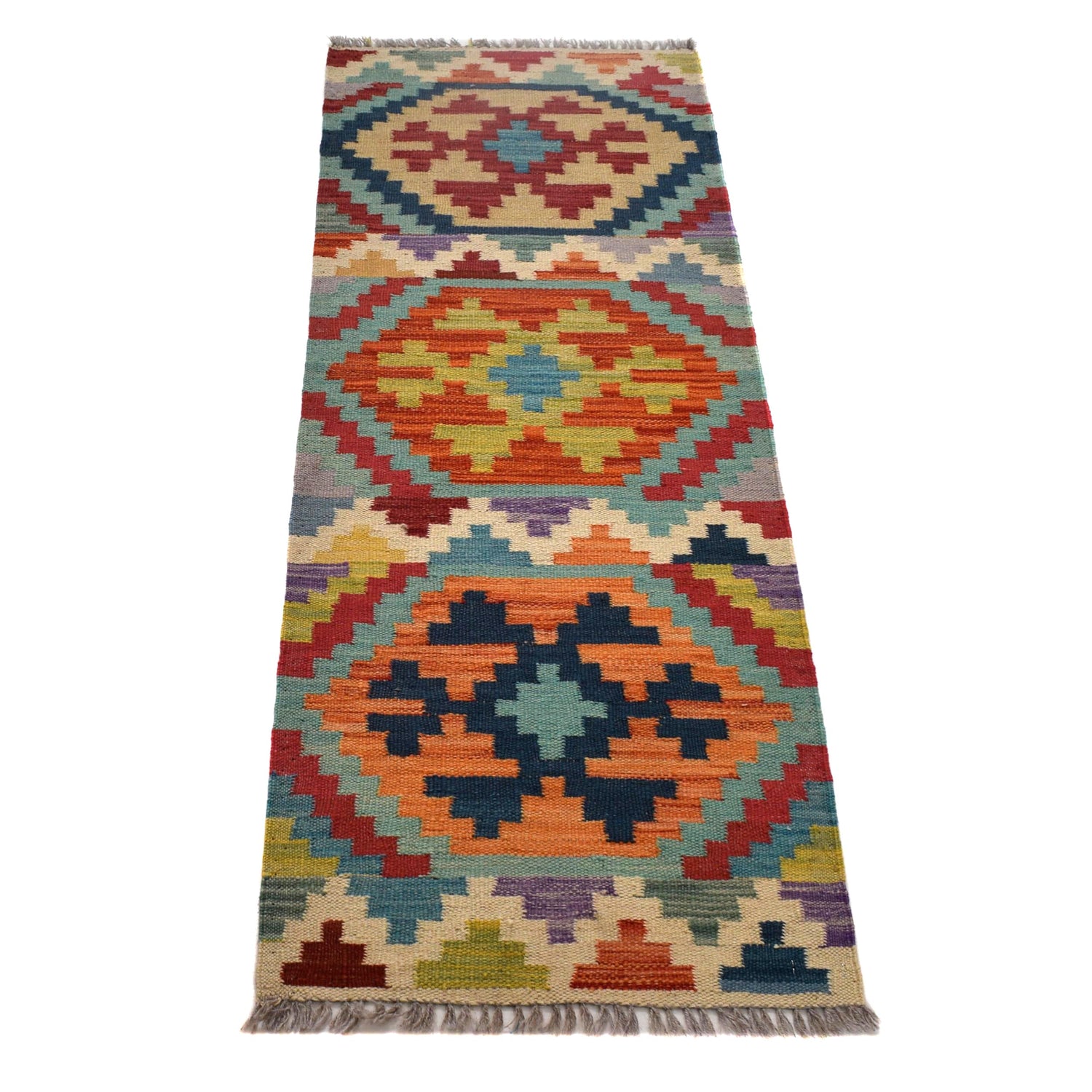 Colorful Flat-Weave Wool Kilim Runner 1' 8" x 4' 9" ft / 52 x 145 cm - No. B30623