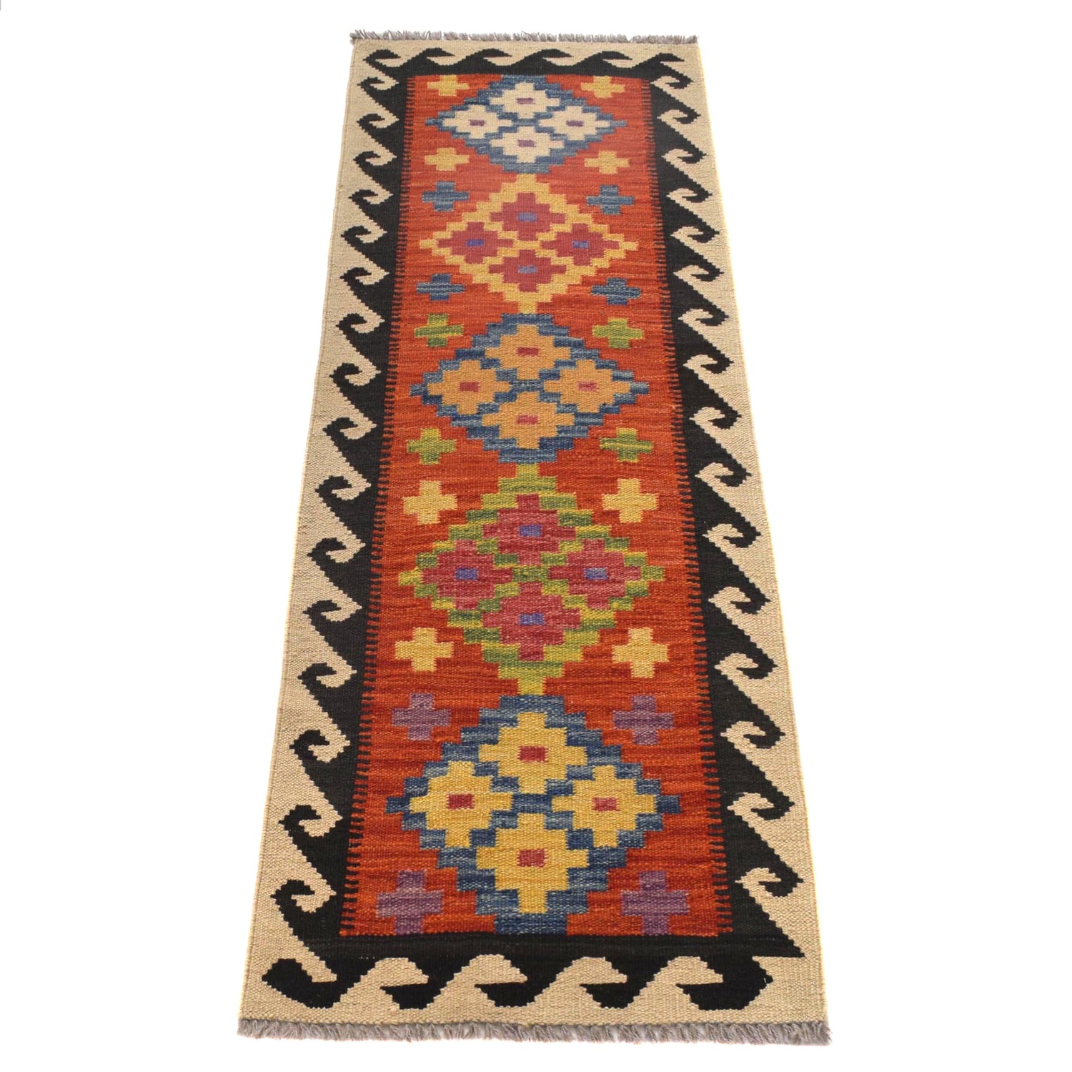 Colorful Flat-Weave Wool Kilim Runner 1' 8" x 4' 11" ft / 51 x 149 cm - No. B30624