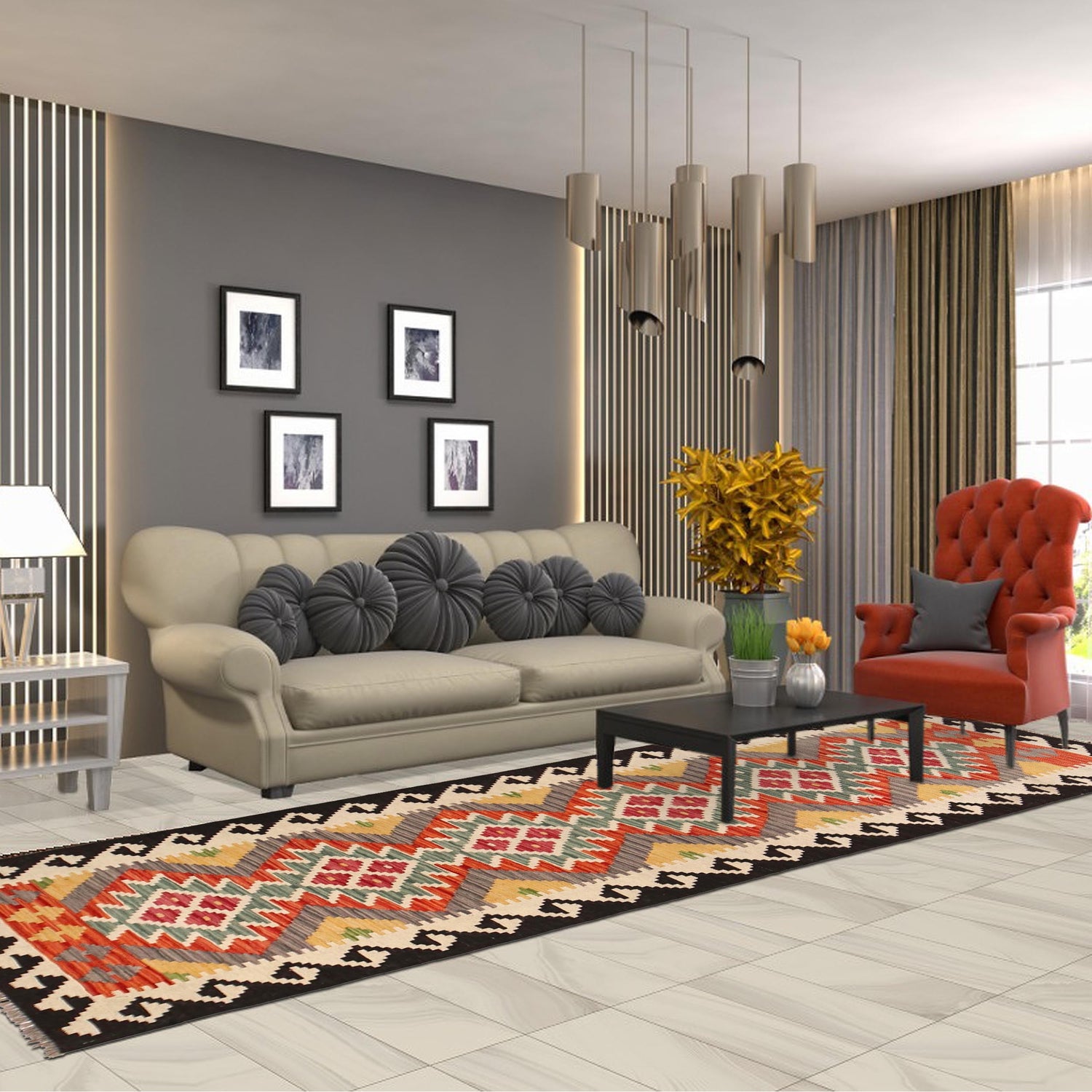 Hand Knotted Afghan Style Kilim Runner 2' 9" x 8' 0" ft / 85 x245 cm - No. B30630