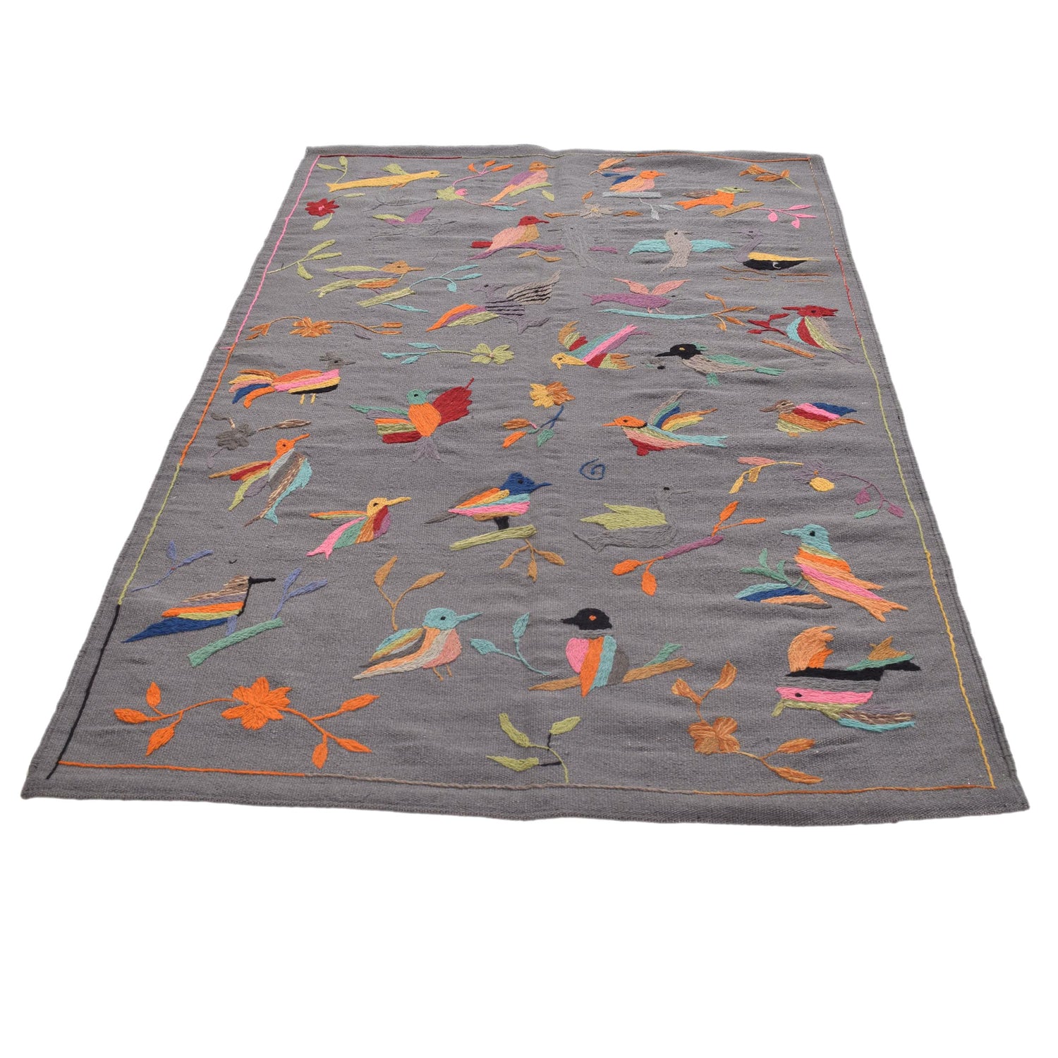 Gray Color Embroidery Flat Weave Kilim 3' 11" x 6' 5" ft / 120 x 196 cm - No. B32082