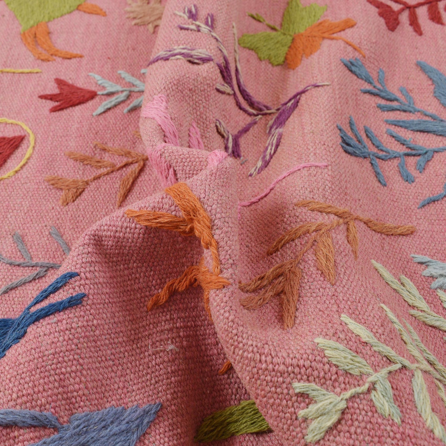 Pink Color Embroidery Flat Weave Kilim 3' 9" x 5' 10" ft / 114 x 178 cm - No. B32085