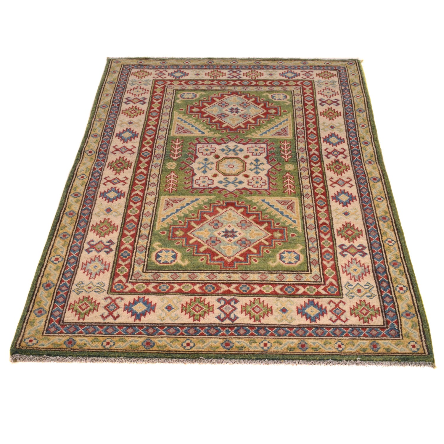 Green Color Kazak Rug 3' 5" x 5' 2" ft / 103 x 157 cm - No. B34618