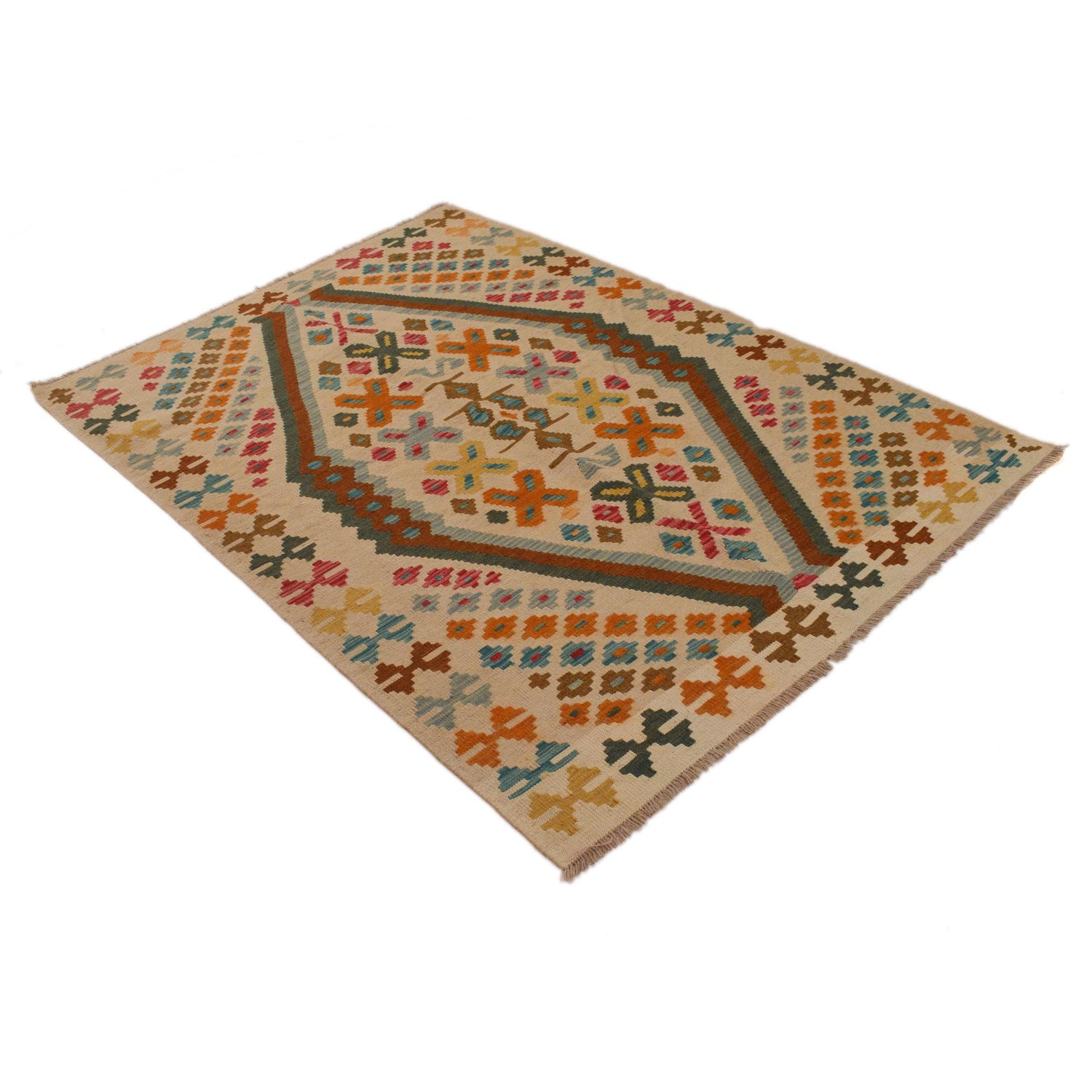 Handmade Turkish Design Wool Kilim 4' 2" x 6' 0" ft / 128 x 182 cm - No. B34701