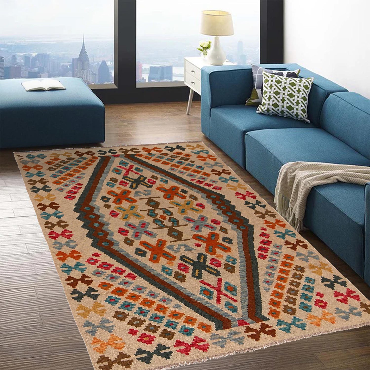 Handmade Turkish Design Wool Kilim 4' 2" x 6' 0" ft / 128 x 182 cm - No. B34701