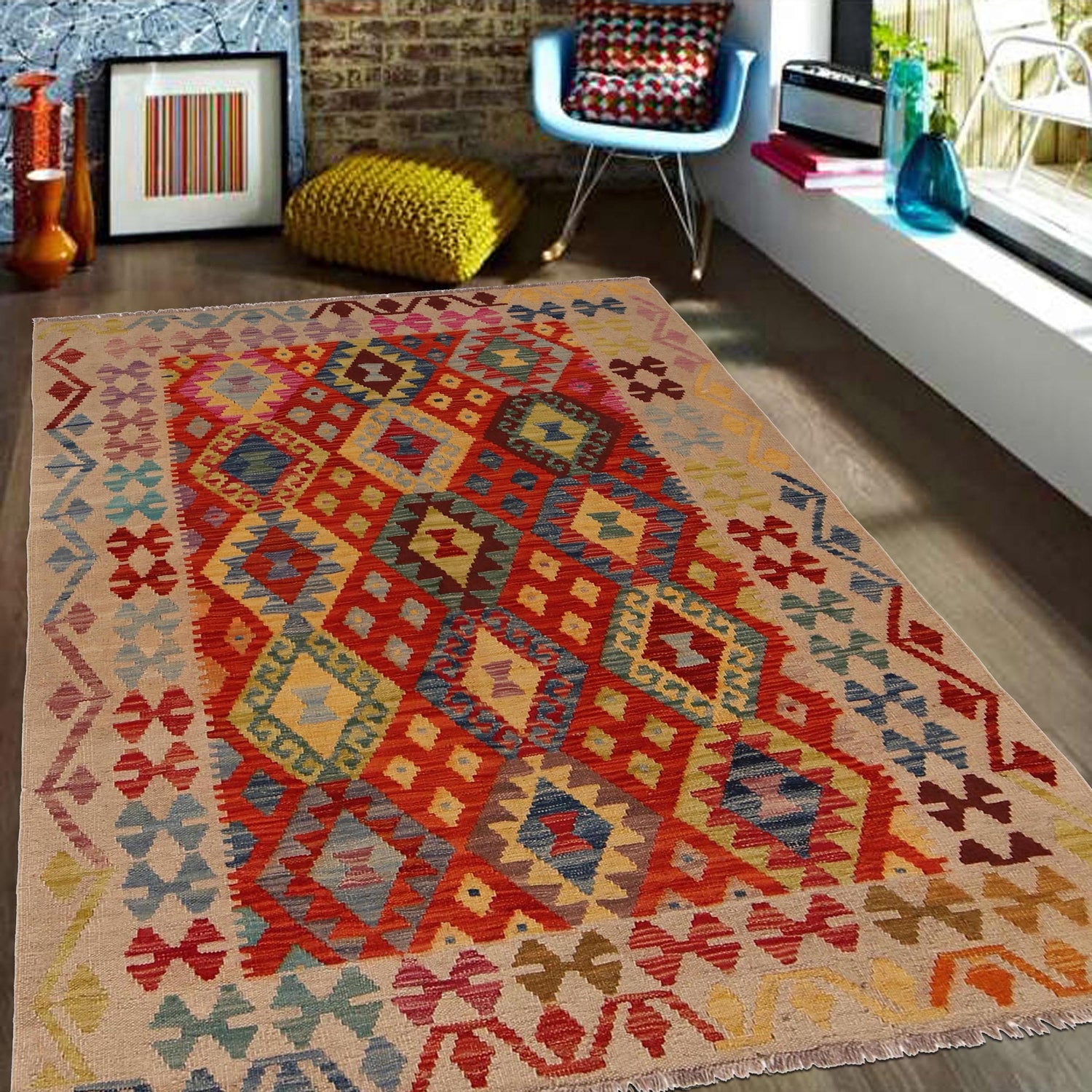 Small Size Chobi Kilim 4' 2" x 5' 7" ft / 128 x 170 cm - No. B34702