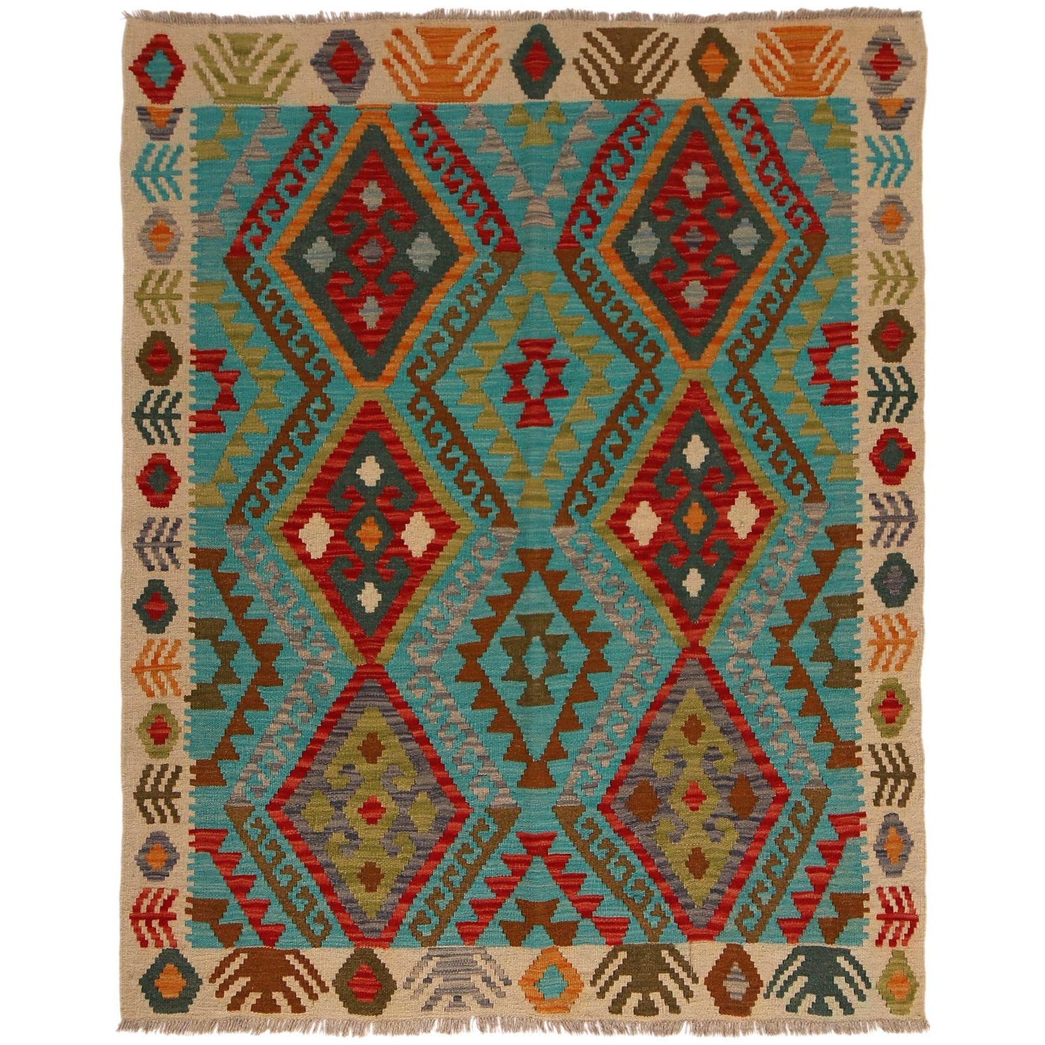 Handmade Afghan Vegetable Kilim 4' 5" x 5' 7" ft / 134 x 169 cm - No. B34707