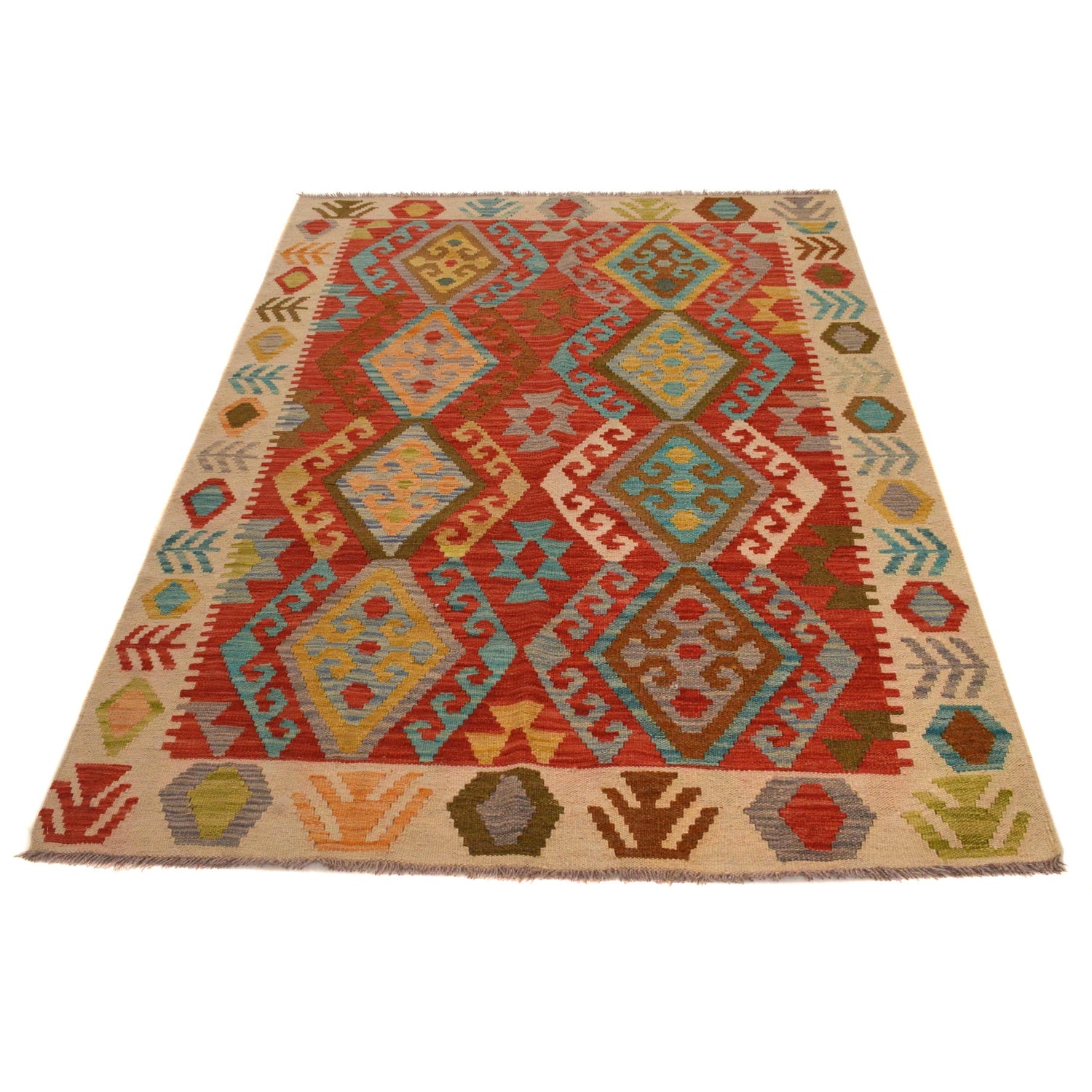 Handmade Afghan Vegetable Kilim 4' 2" x 6' 1" ft / 126 x 185 cm - No. B34709