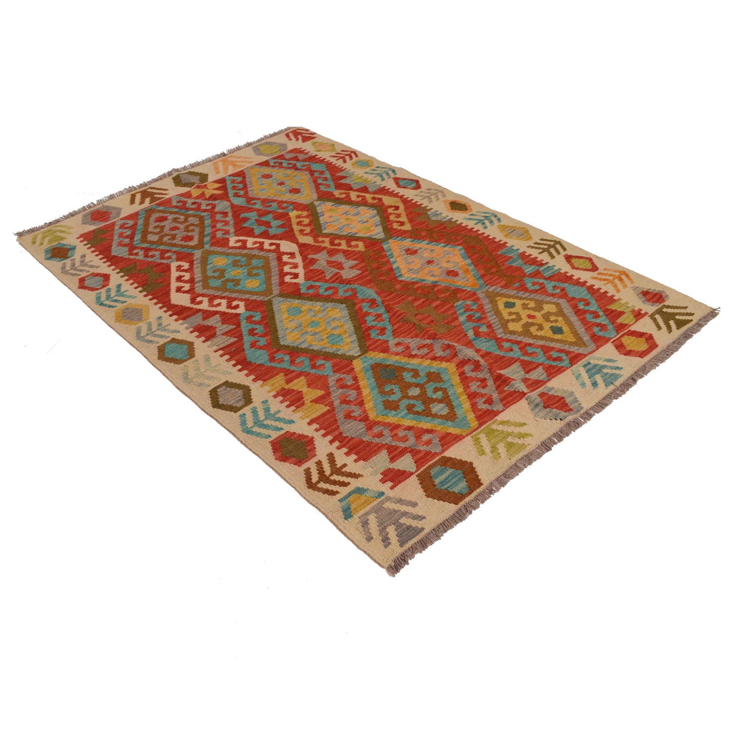 Handmade Afghan Vegetable Kilim 4' 2" x 6' 1" ft / 126 x 185 cm - No. B34709