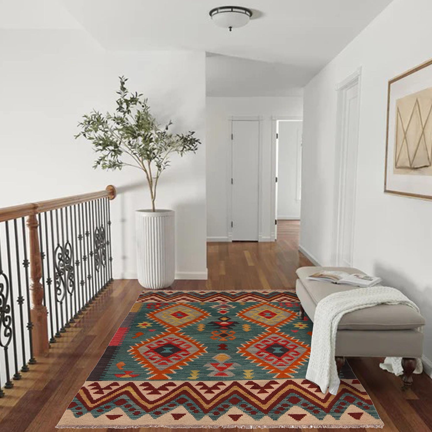 Hand Made Afghan Kilim 4' 2" x 5' 8" ft / 126 x 172 cm - No. B34710