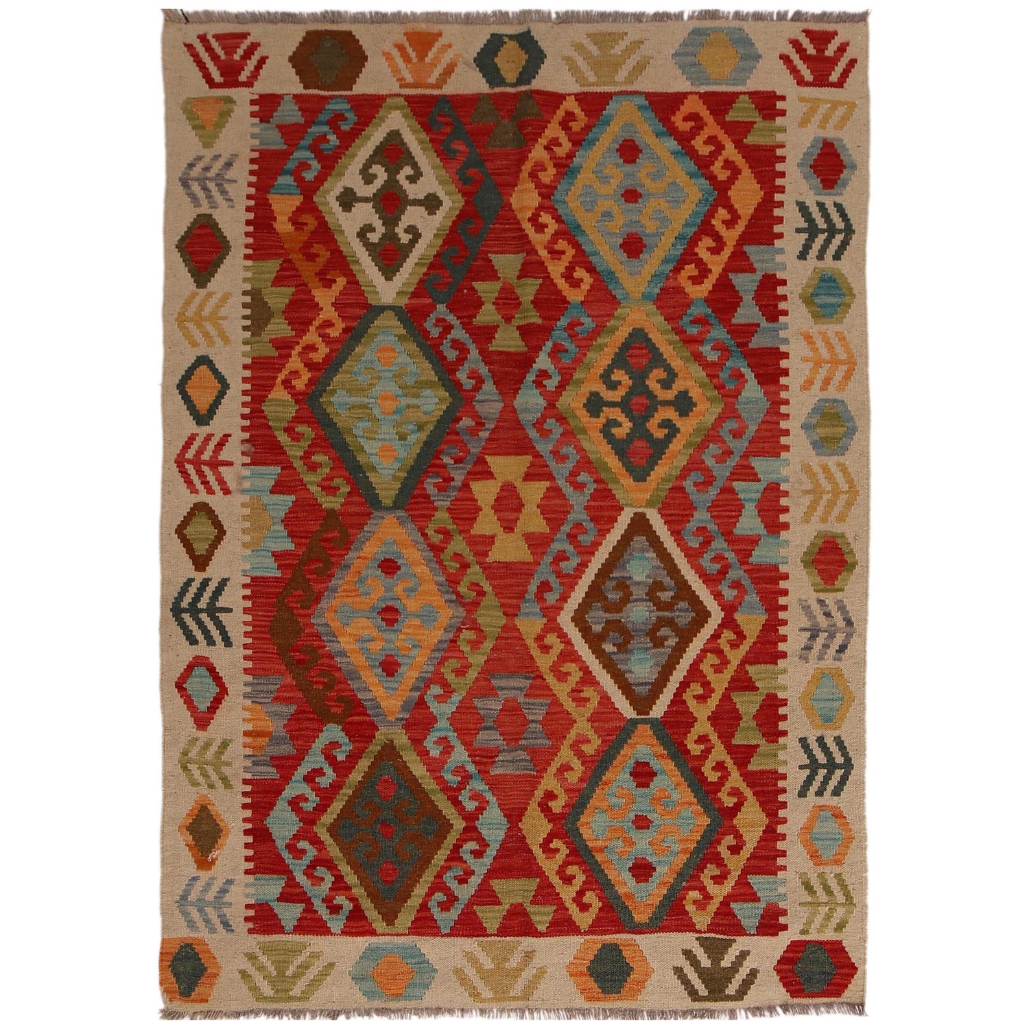 Colorful Flat-Weave Wool Kilim 4' 1" x 5' 11" ft / 125 x 180 cm - No. B34712