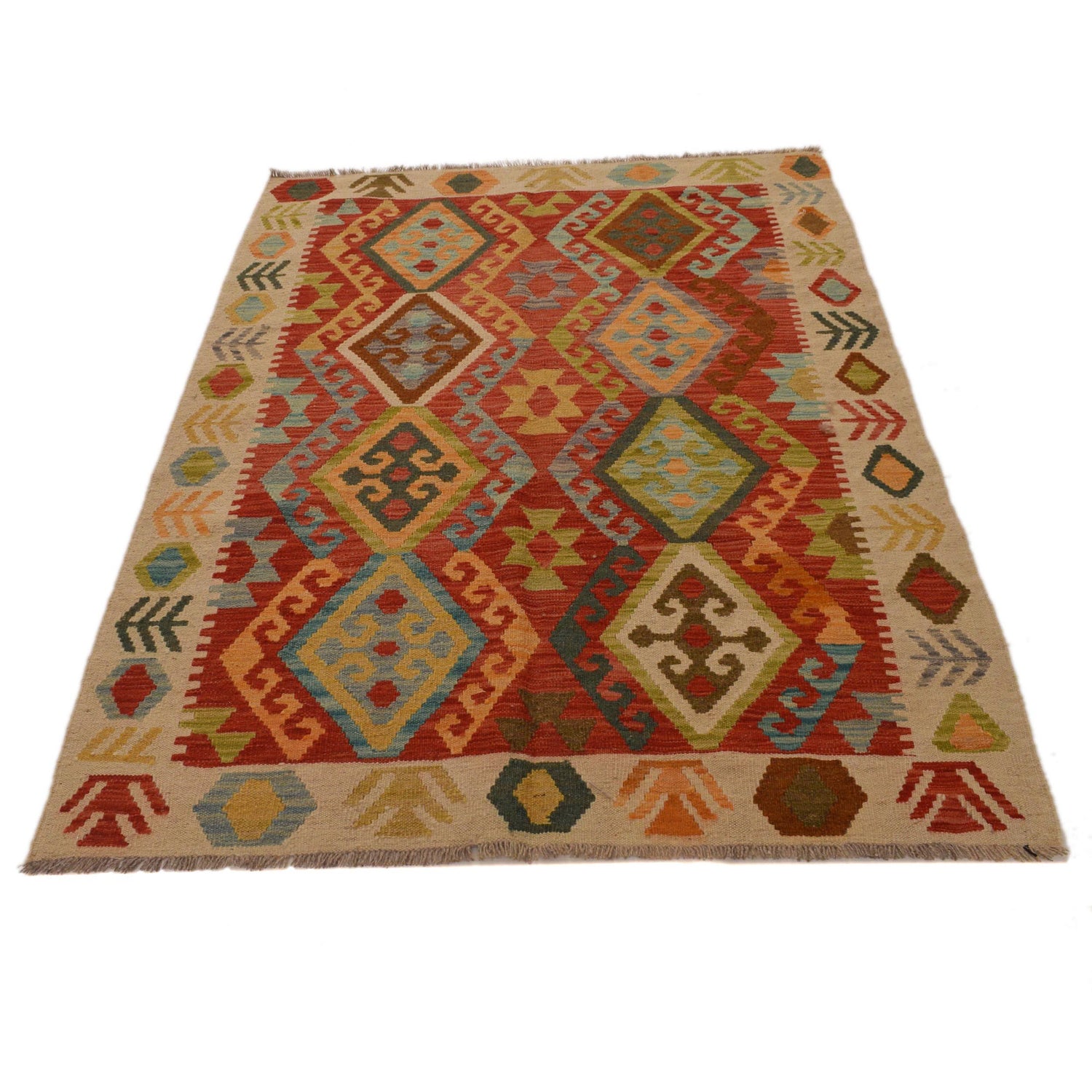 Colorful Flat-Weave Wool Kilim 4' 1" x 5' 11" ft / 125 x 180 cm - No. B34712