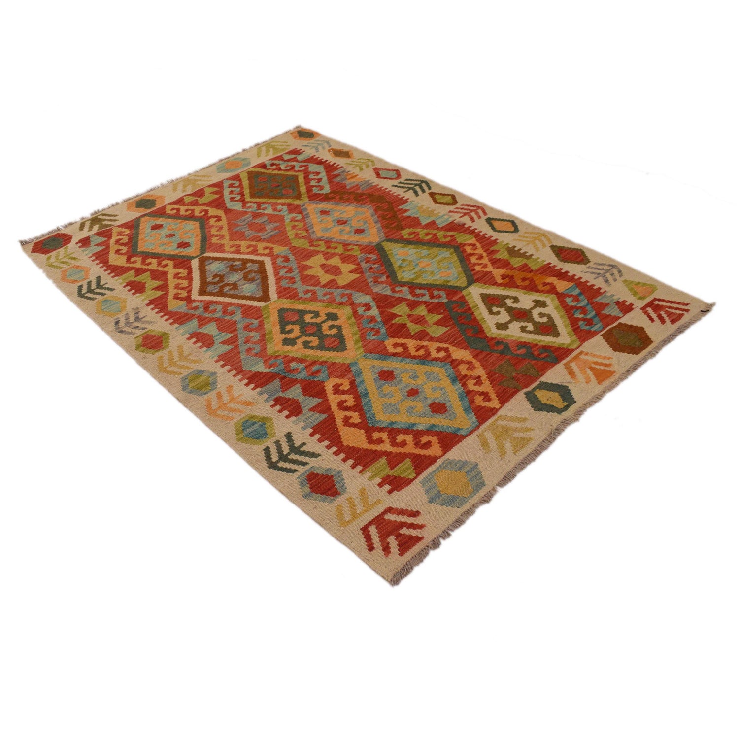 Colorful Flat-Weave Wool Kilim 4' 1" x 5' 11" ft / 125 x 180 cm - No. B34712