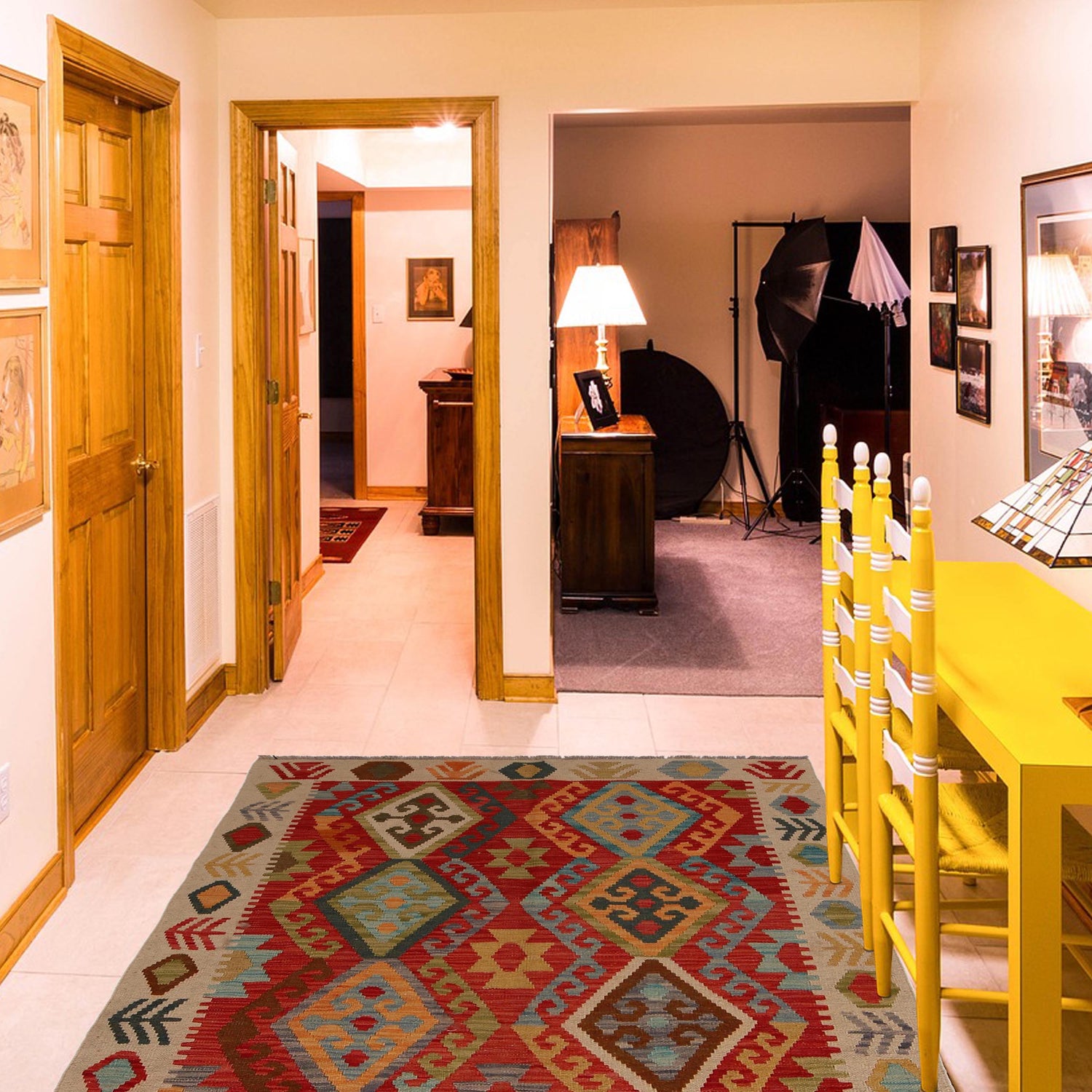 Colorful Flat-Weave Wool Kilim 4' 1" x 5' 11" ft / 125 x 180 cm - No. B34712