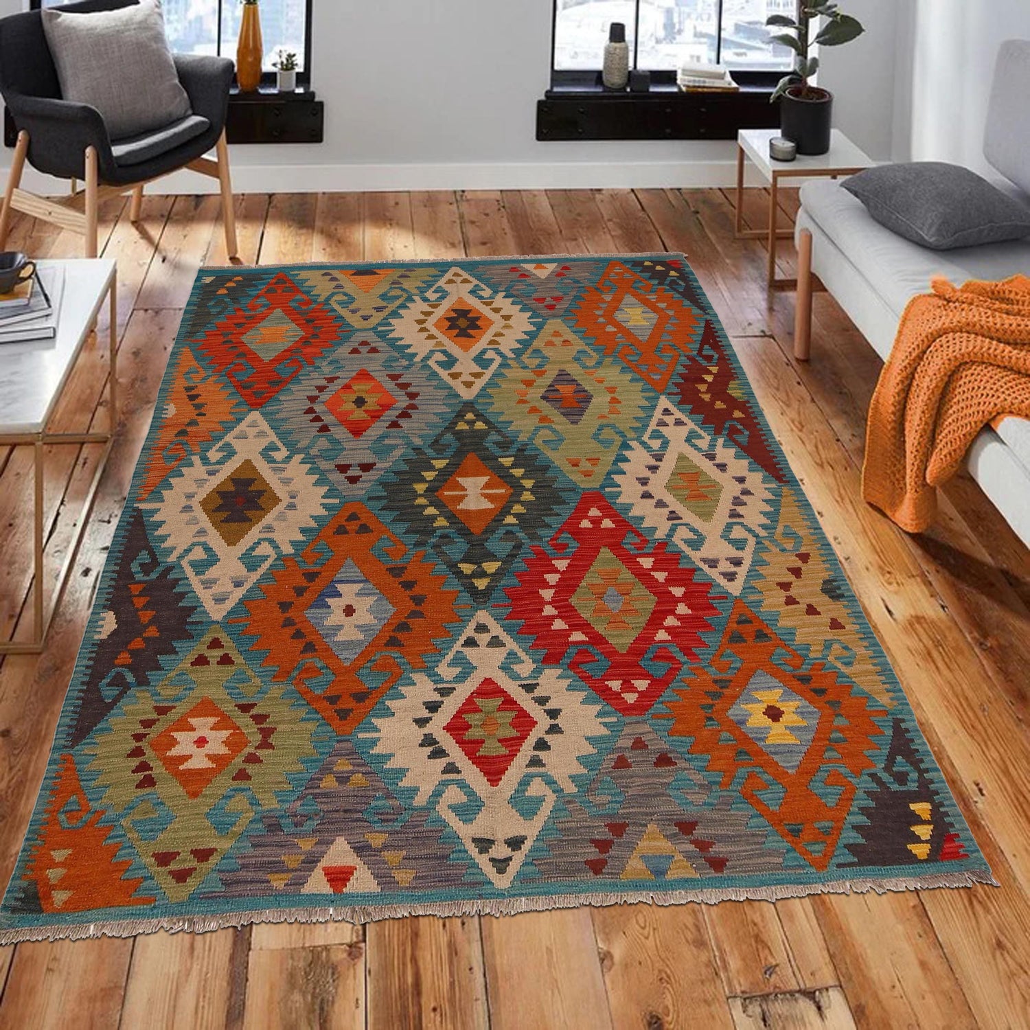 Handmade Turkish Design Wool Kilim 5' 1" x 6' 5" ft / 156 x 196 cm - No. B34718