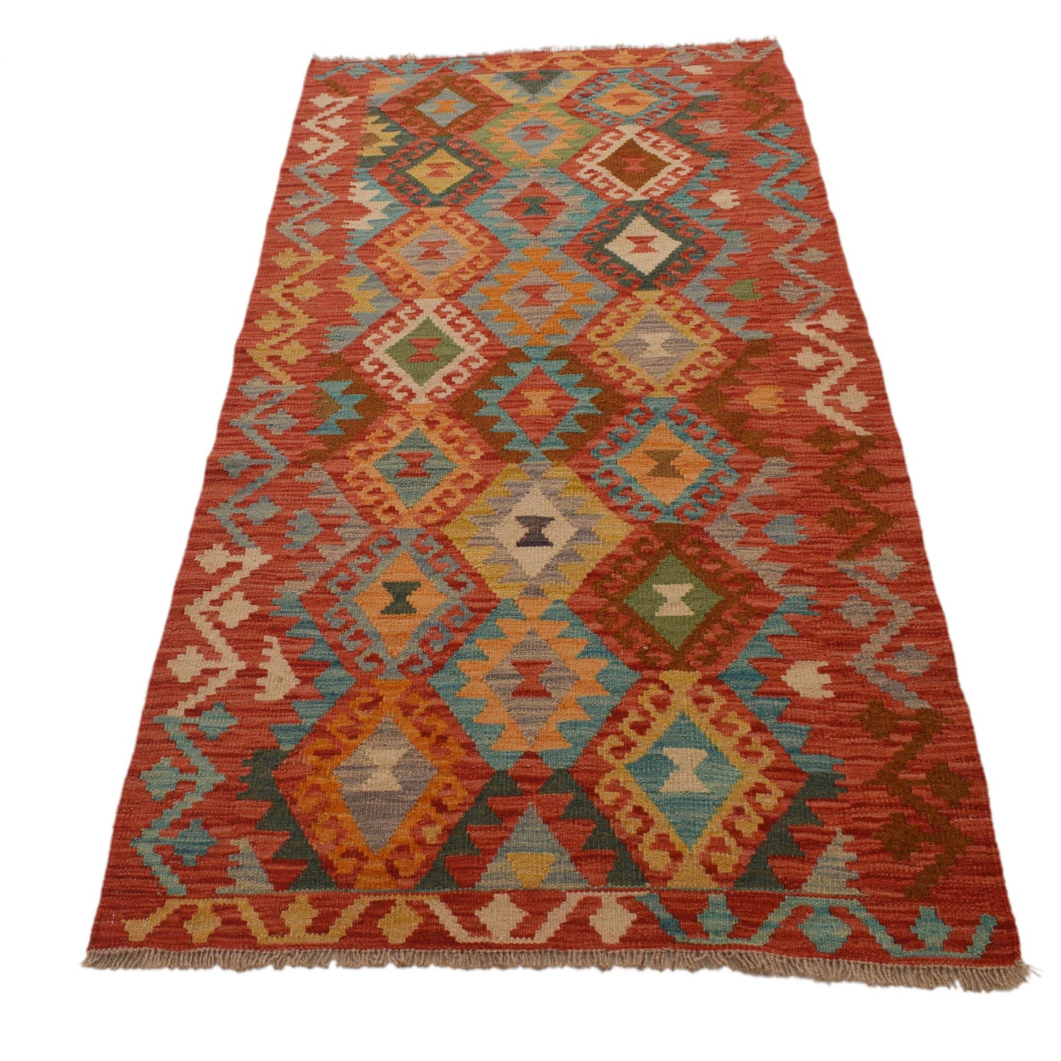 Colorful Flat-Weave Wool Kilim Runner 2' 1"x 6' 6" ft / 88 x 197 cm - No. B34731