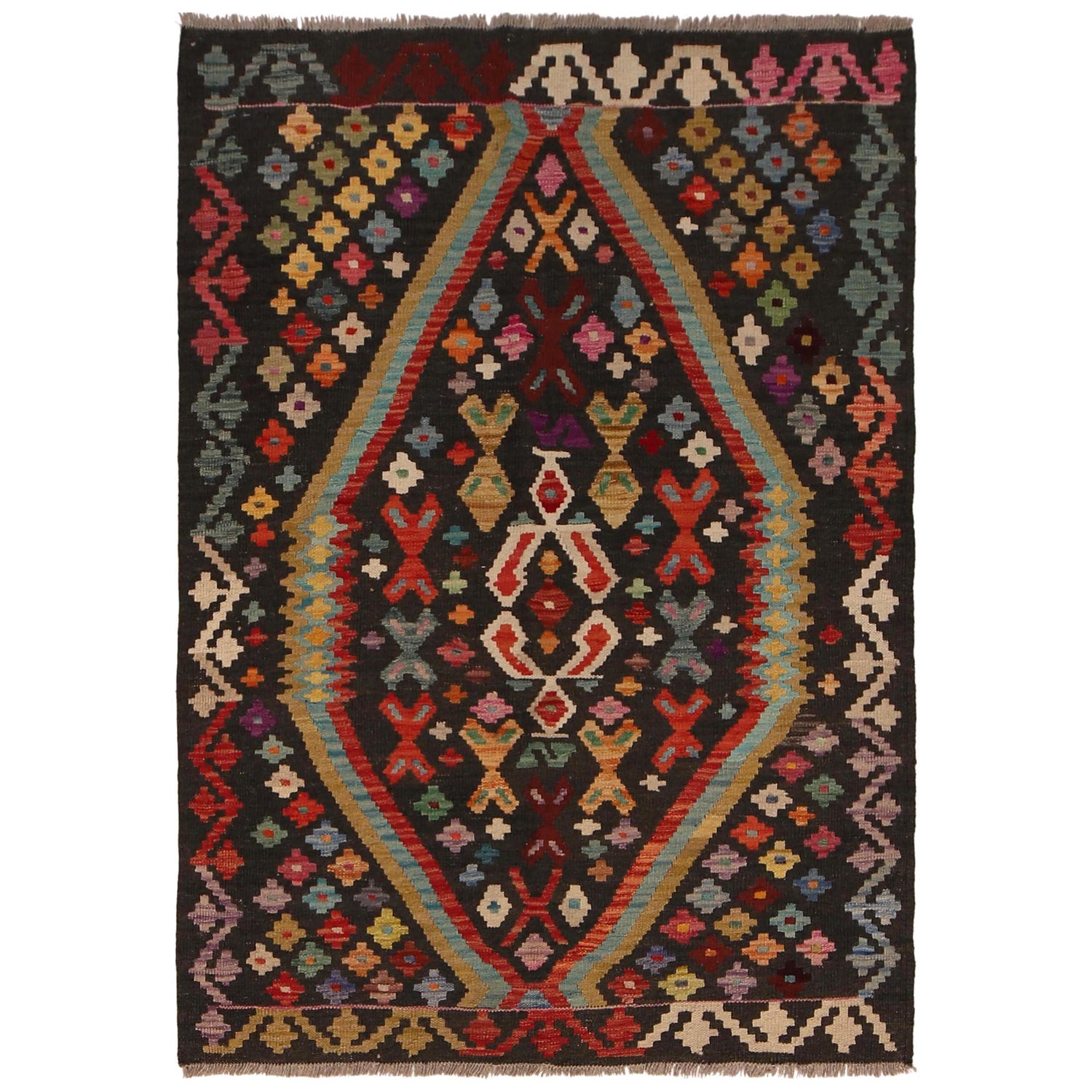 Hand Knotted Afghan Style Kilim 3' 7" x 4' 11" ft / 110 x 151 cm - No. B34742