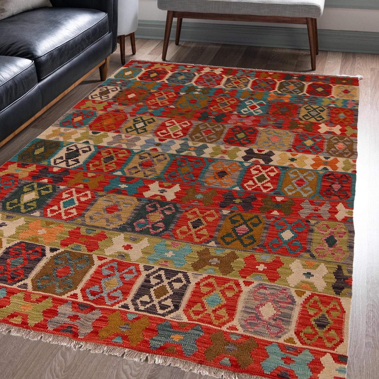 Hand Made Afghan Kilim 5' 1" x 6' 5" ft / 154 x 196 cm - No. B34747