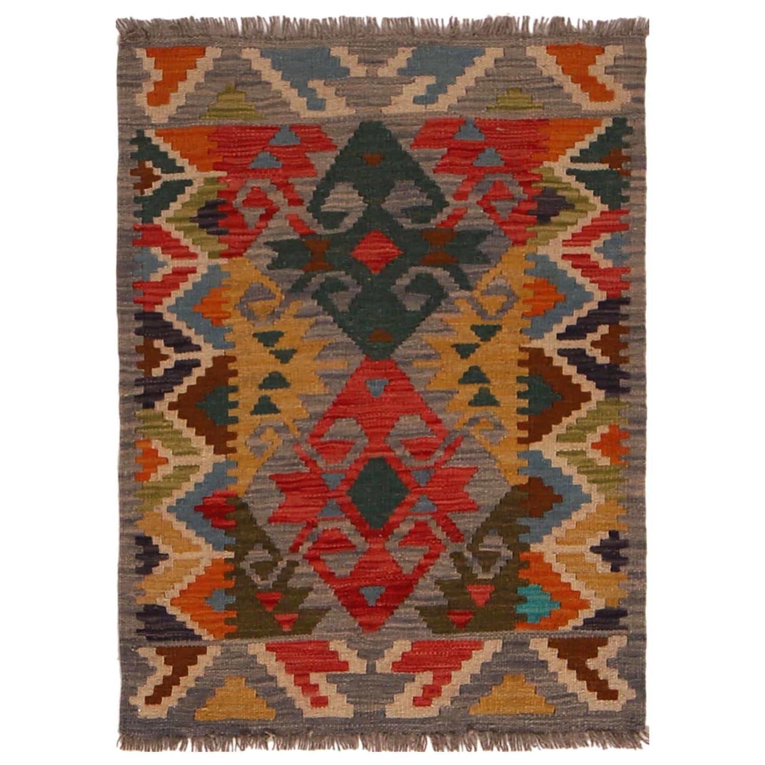 Colorful Flat-Weave Wool Kilim 2' 1" x 2' 11" ft / 63 x 88 cm - No. B34889