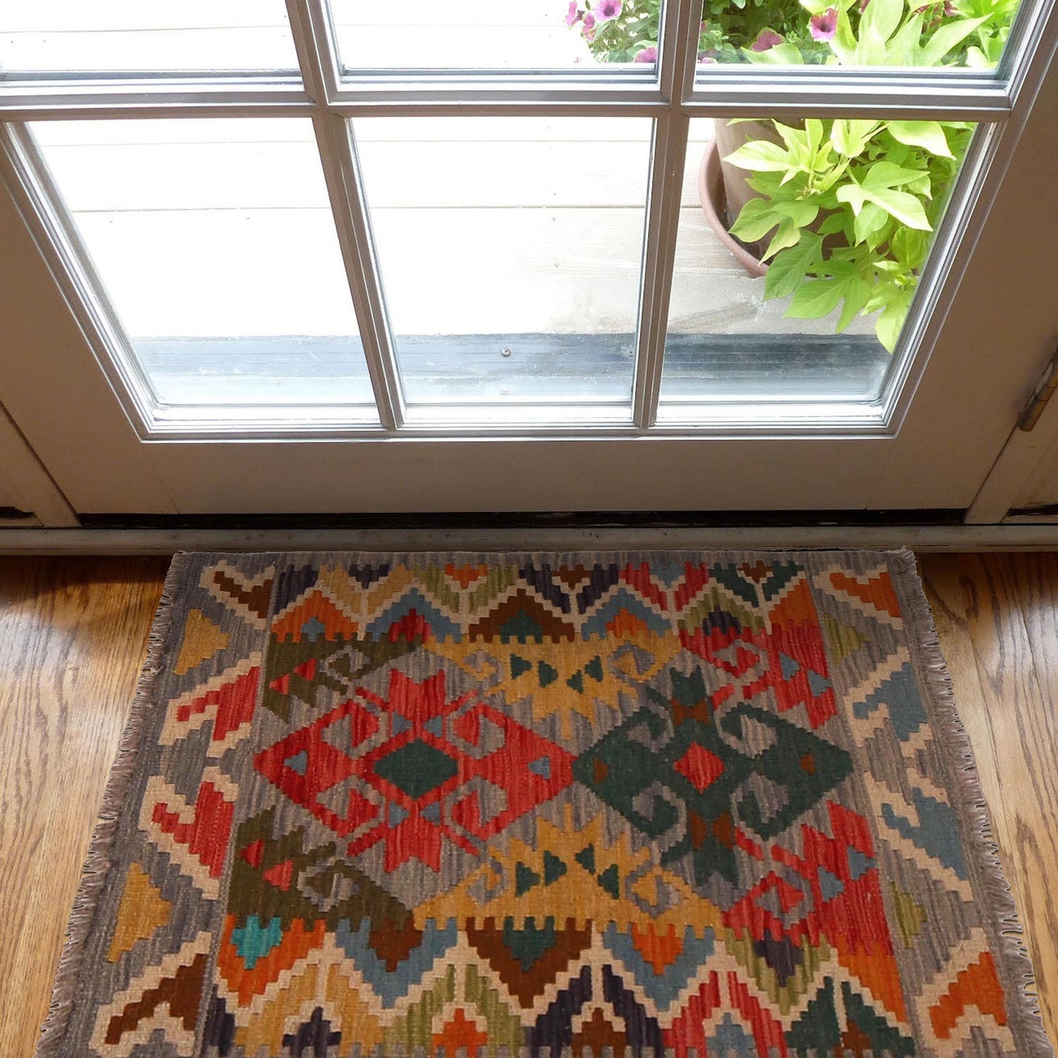 Colorful Flat-Weave Wool Kilim 2' 1" x 2' 11" ft / 63 x 88 cm - No. B34889
