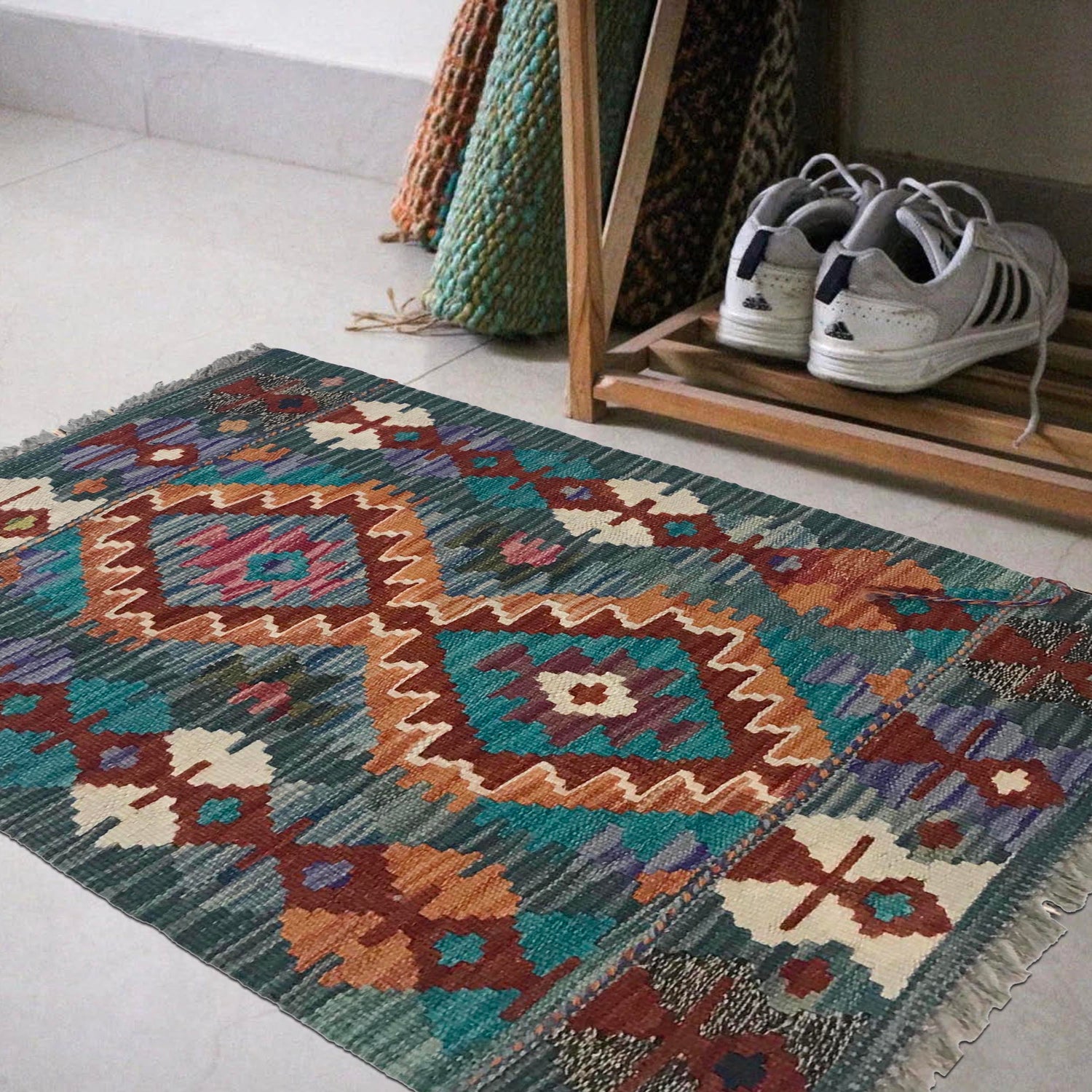 Hand Knotted Afghan Style Kilim 1' 8" x 2' 6" ft / 50 x 75 cm - No. B35594